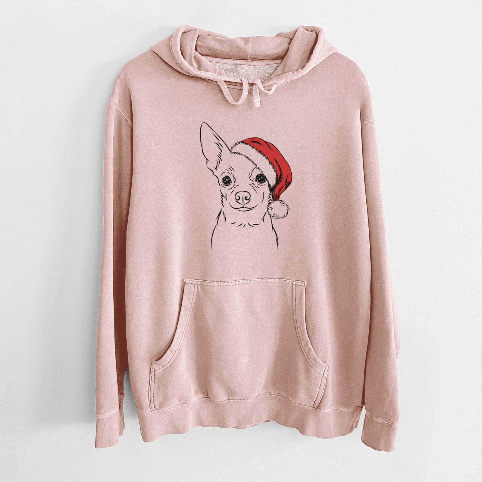 Hand-drawn sketch of Martini the Chihuahua wearing a Santa hat on a Dusty Pink Unisex pigment dyed hoodie
