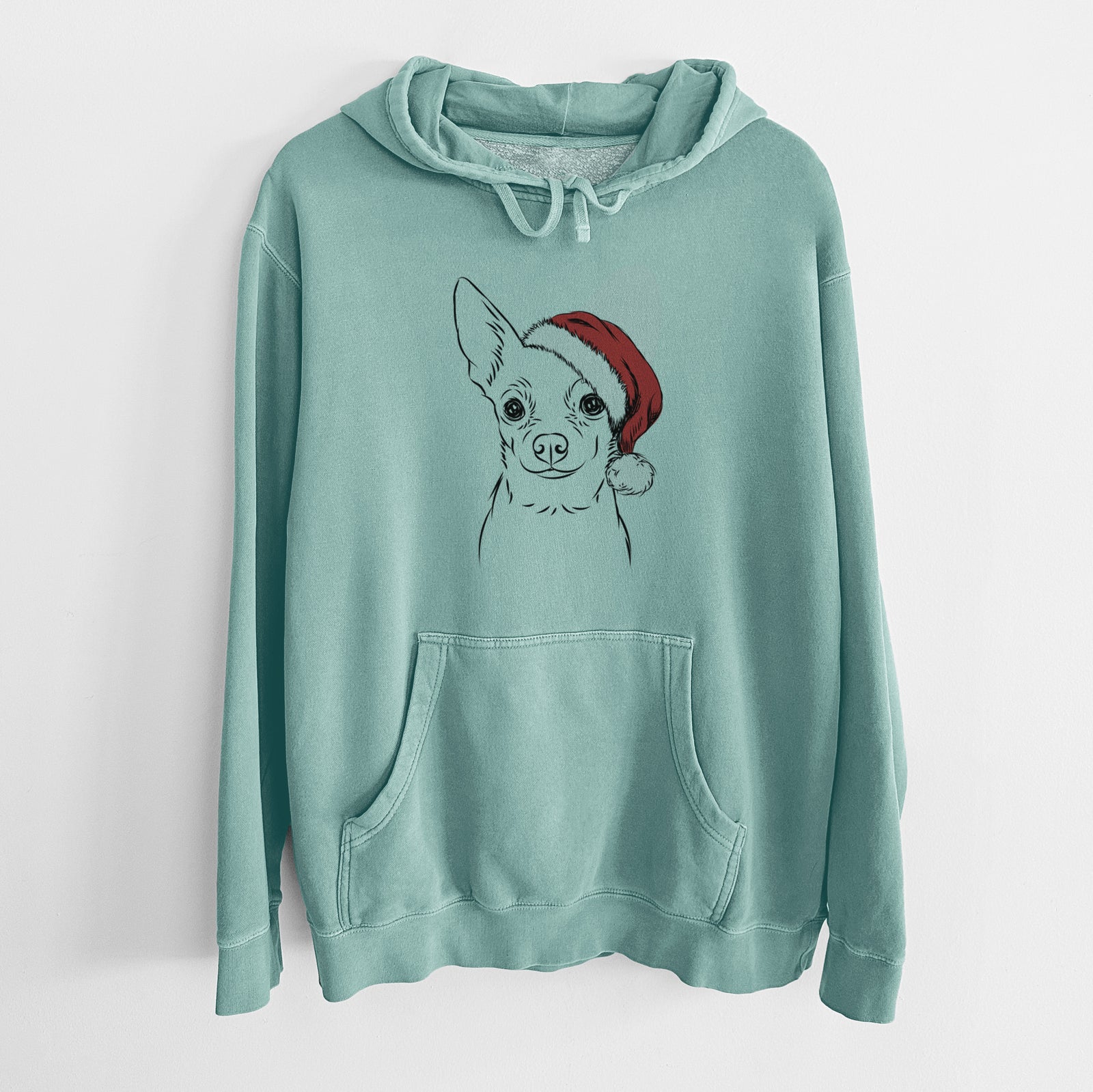 Hand-drawn sketch of Martini the Chihuahua wearing a Santa hat on a Mint Unisex pigment dyed hoodie