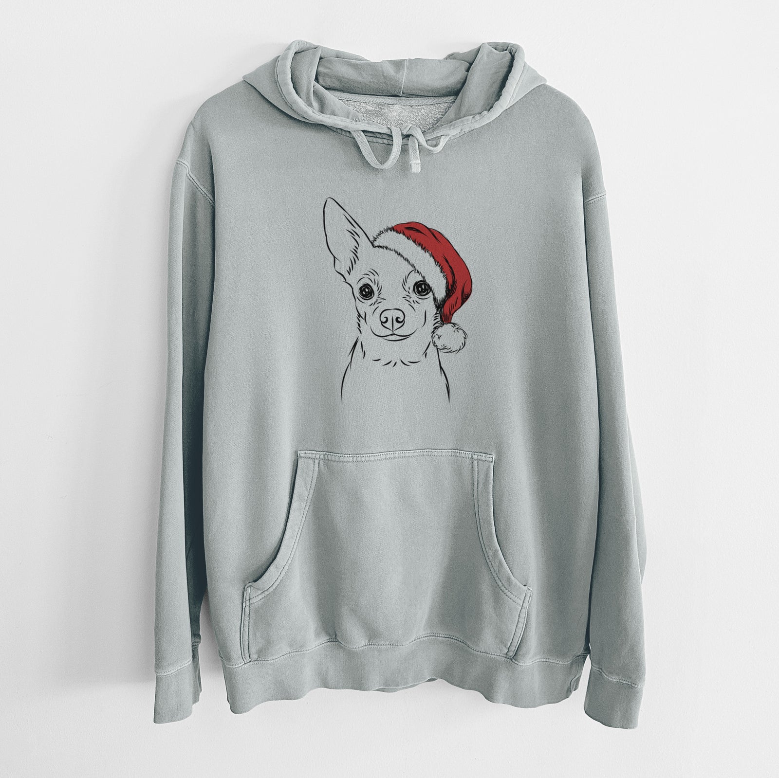 Hand-drawn sketch of Martini the Chihuahua wearing a Santa hat on a Sage Unisex pigment dyed hoodie