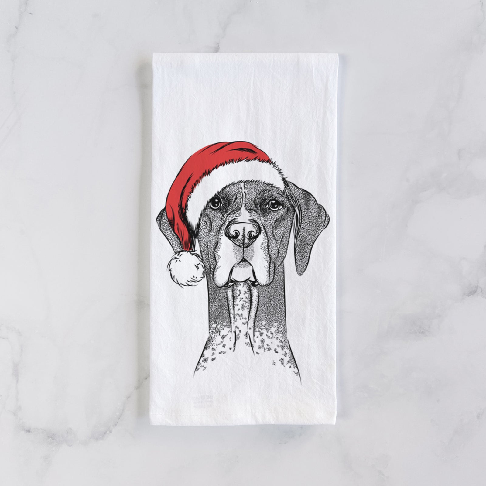 Hand-drawn sketch of Mattis the German Shorthaired Pointer wearing a Santa hat on a tea towel