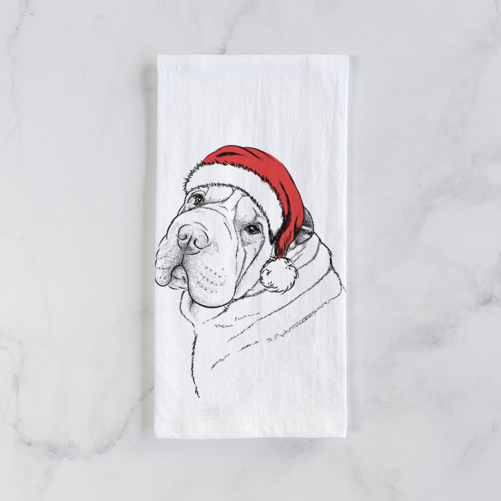 Hand-drawn sketch of Maximus the Shar Pei wearing a Santa hat on a tea towel
