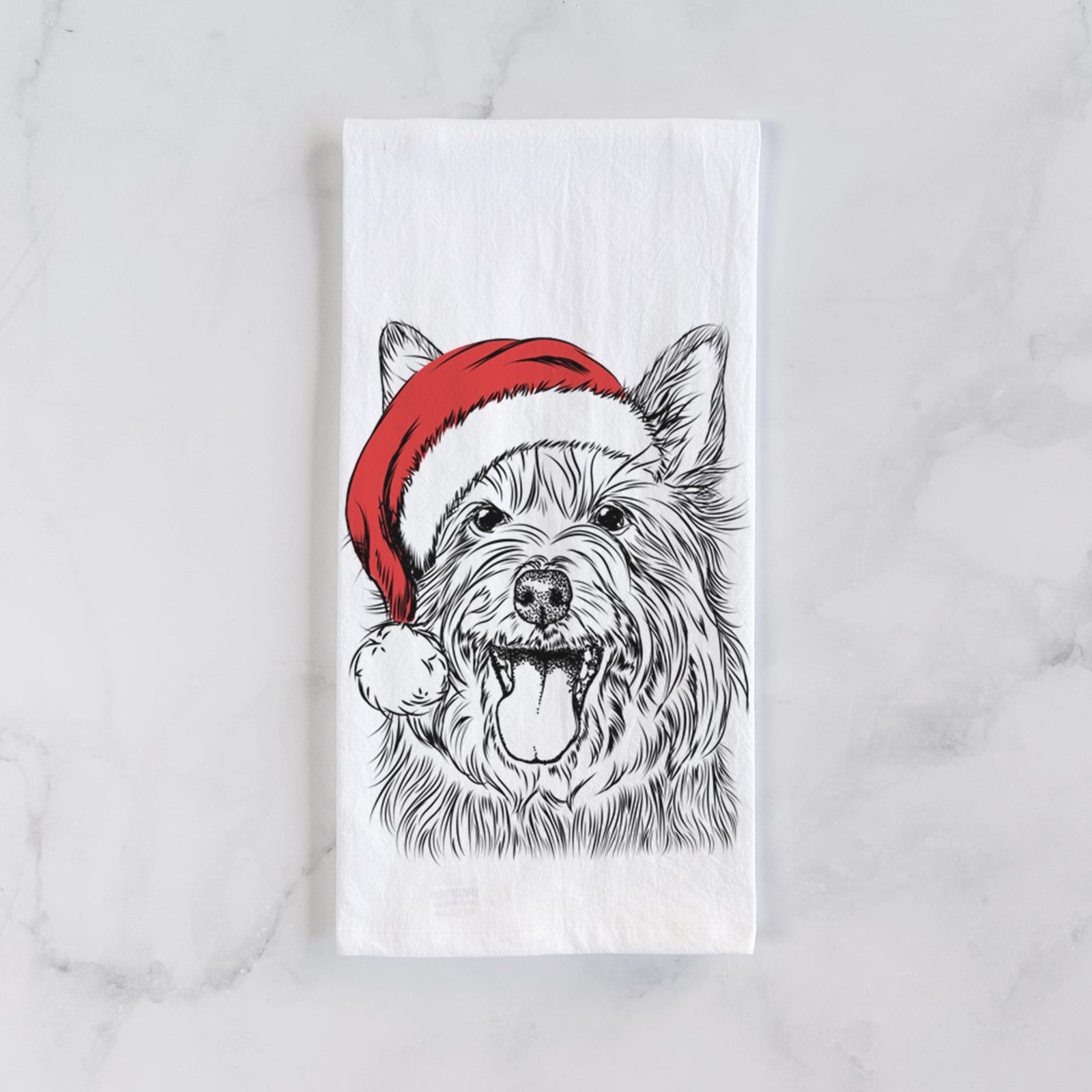 Hand-drawn sketch of Middy the Australian Terrier wearing a Santa hat on a tea towel