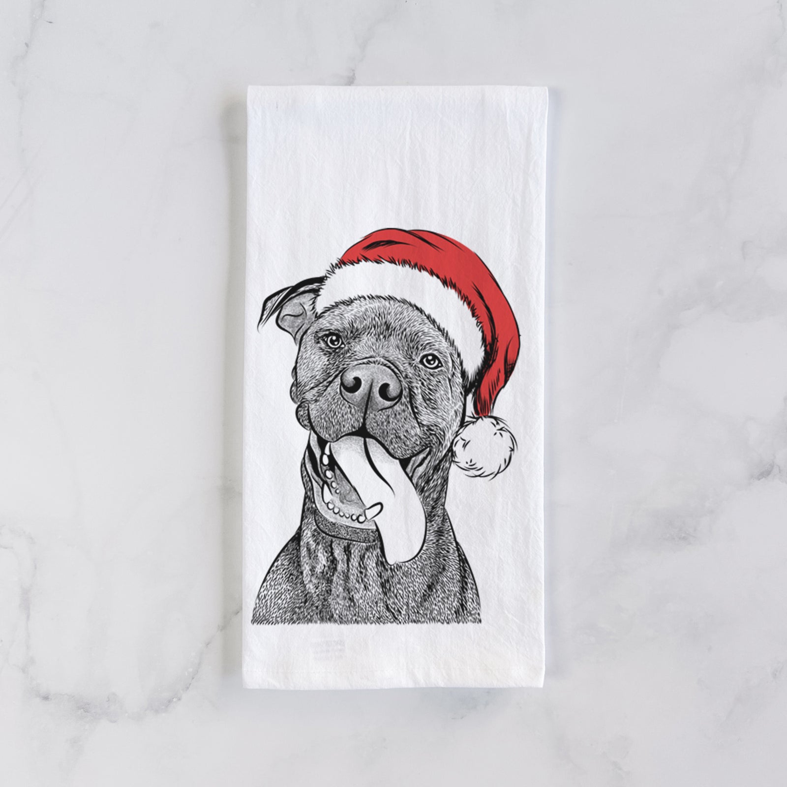 Hand-drawn sketch of Mikey the Boxador wearing a Santa hat on a tea towel