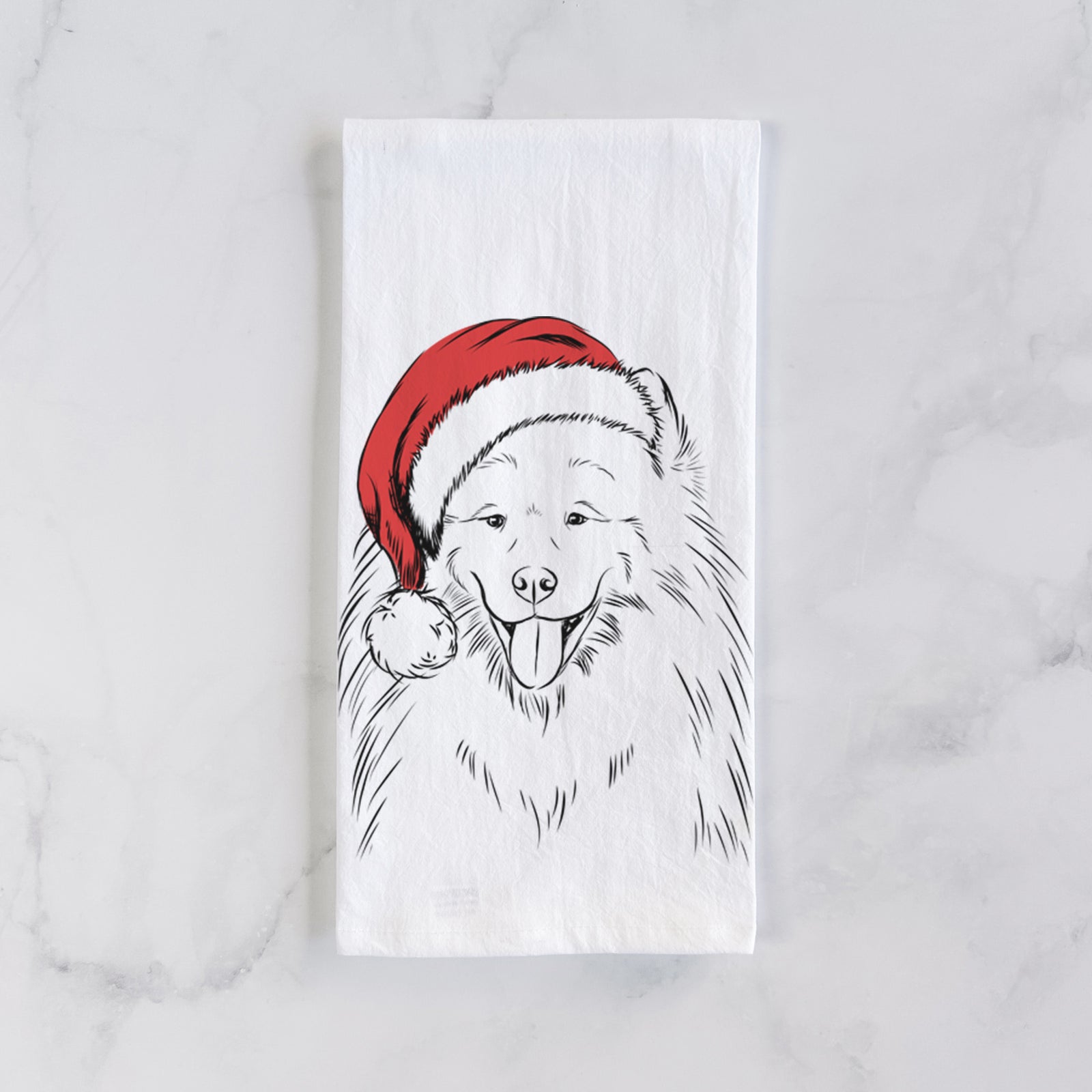Hand-drawn sketch of Mikko the Samoyed wearing a Santa hat on a tea towel