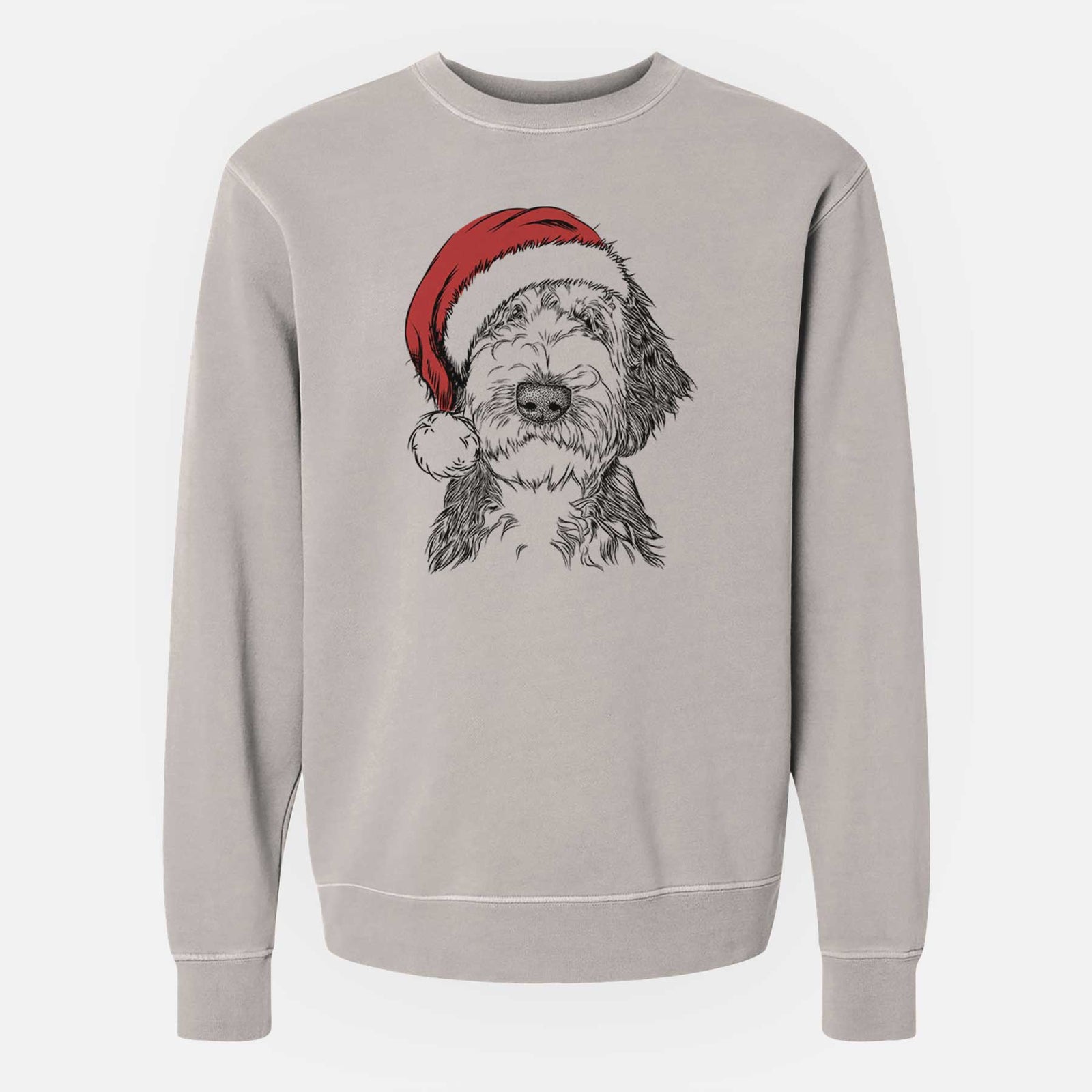 Hand-drawn sketch of Milo Fluff the Sheepadoodle wearing a Santa hat on a Cement Unisex pigment dyed crew sweatshirt