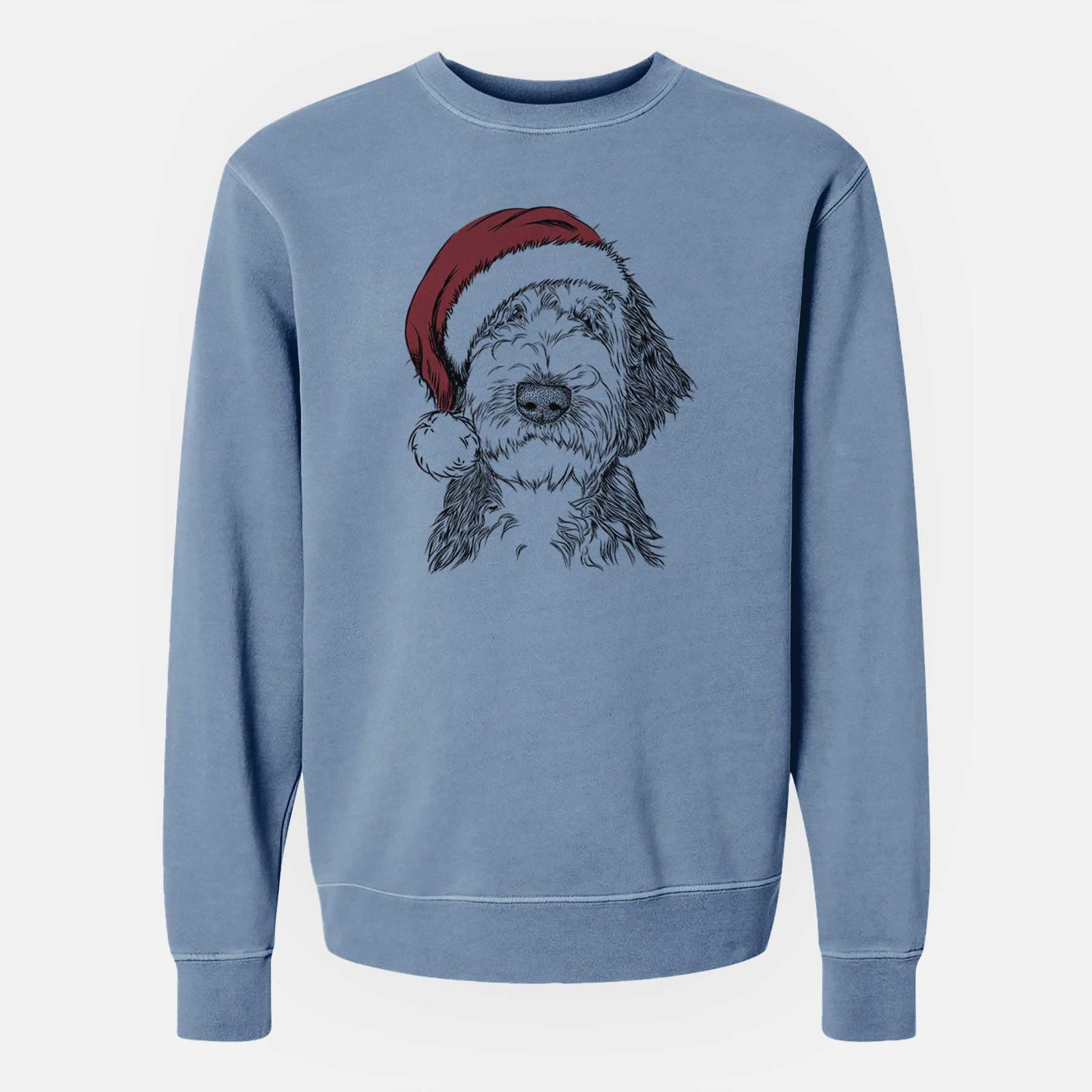 Hand-drawn sketch of Milo Fluff the Sheepadoodle wearing a Santa hat on a Slate Blue Unisex pigment dyed crew sweatshirt