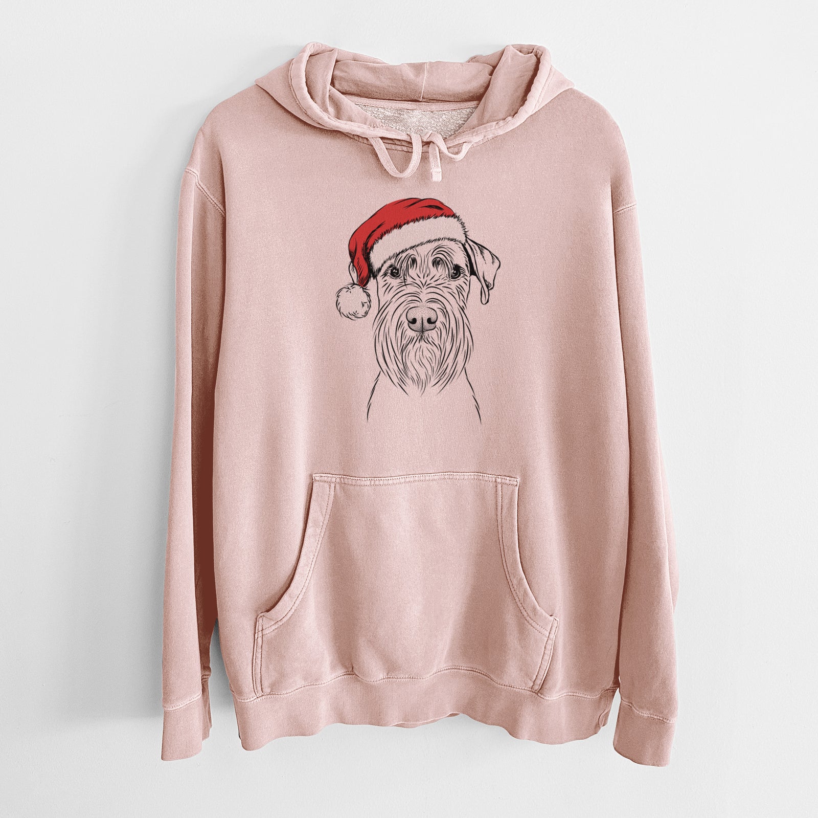 Hand-drawn sketch of Milton the Schnauzer wearing a Santa hat on a Dusty Pink Unisex pigment dyed hoodie
