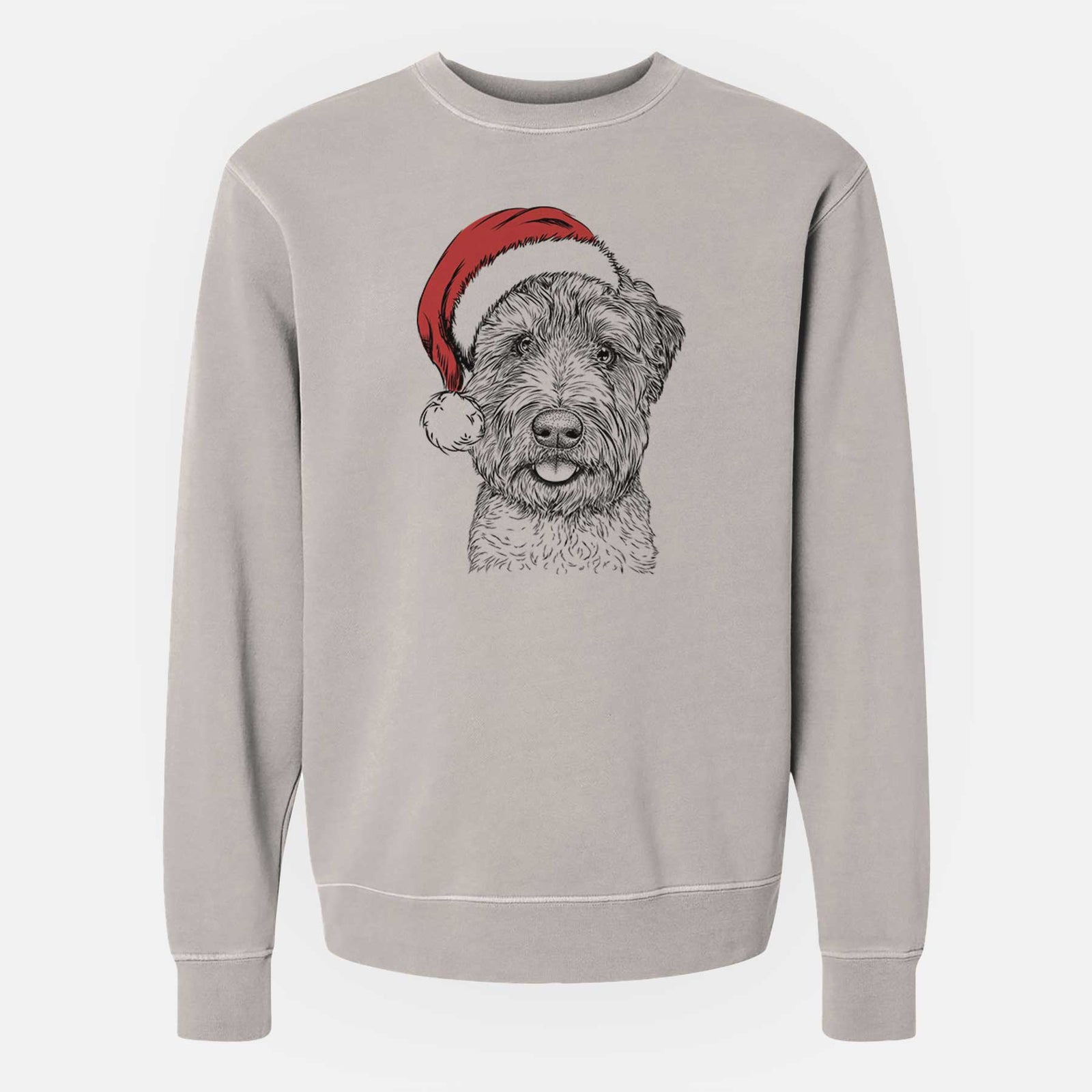 Hand-drawn sketch of Milton the Soft Coated Wheaten Terrier wearing a Santa hat on a Cement Unisex pigment dyed crew sweatshirt
