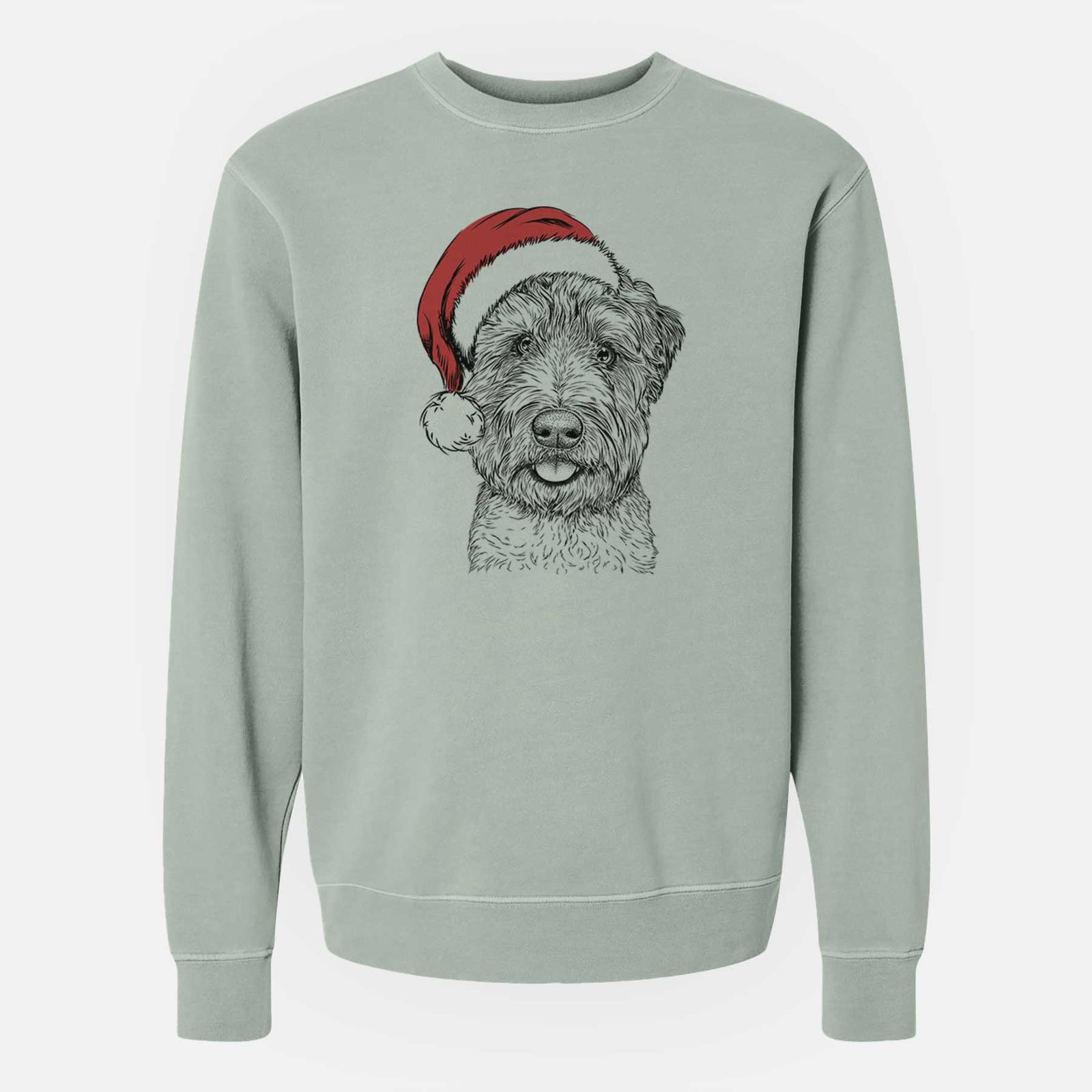 Hand-drawn sketch of Milton the Soft Coated Wheaten Terrier wearing a Santa hat on a Sage Unisex pigment dyed crew sweatshirt