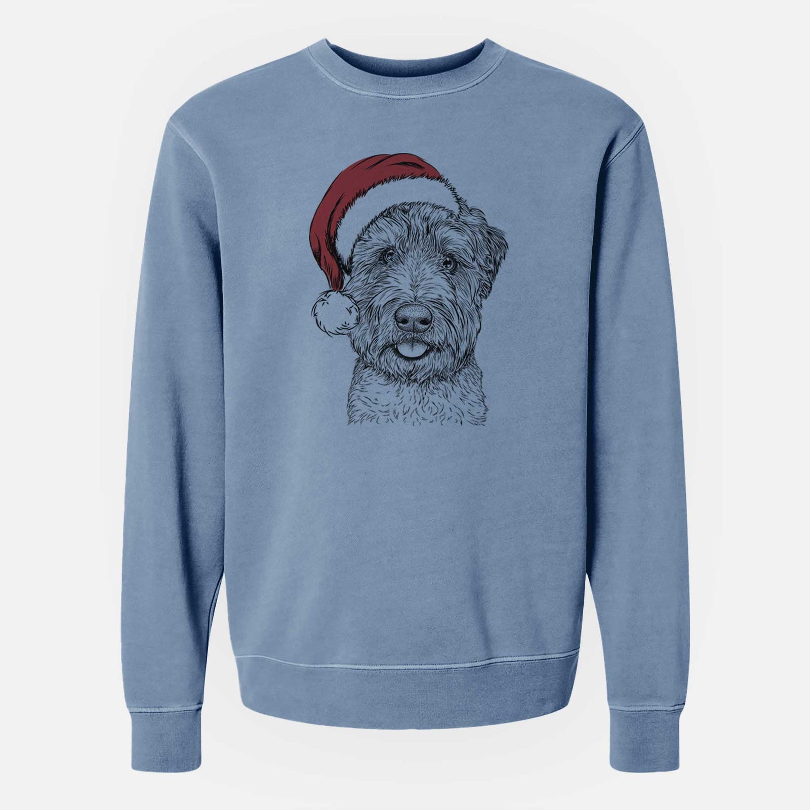 Hand-drawn sketch of Milton the Soft Coated Wheaten Terrier wearing a Santa hat on a Slate Blue Unisex pigment dyed crew sweatshirt