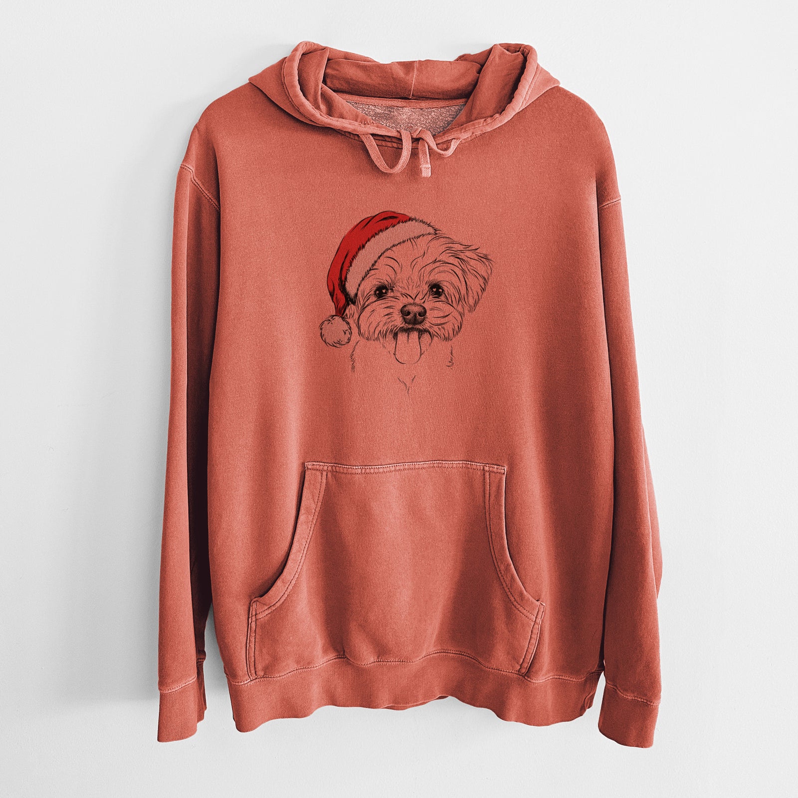 Hand-drawn sketch of Mochi the Maltese wearing a Santa hat on an Amber Unisex pigment dyed hoodie
