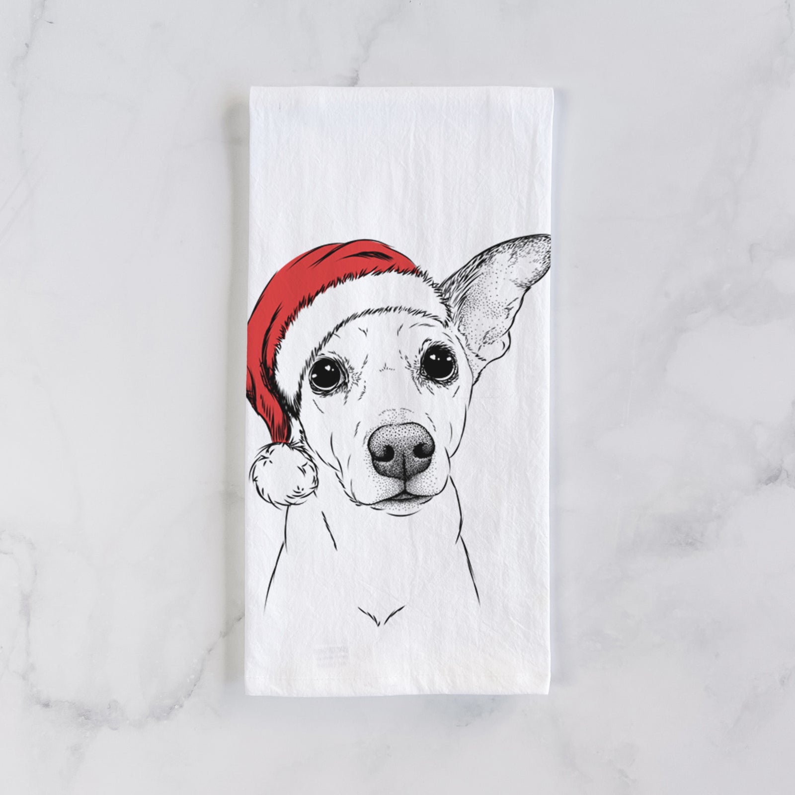 Hand-drawn sketch of Molly the Jack Russell Terrier wearing a Santa hat on a tea towel