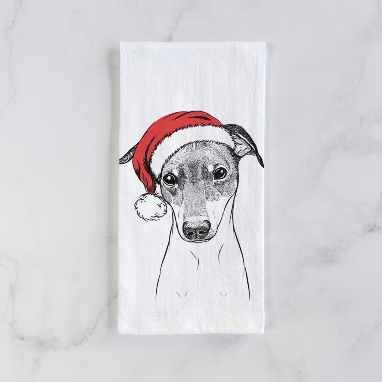 Hand-drawn sketch of Momo the Japanese Terrier wearing a Santa hat on a tea towel