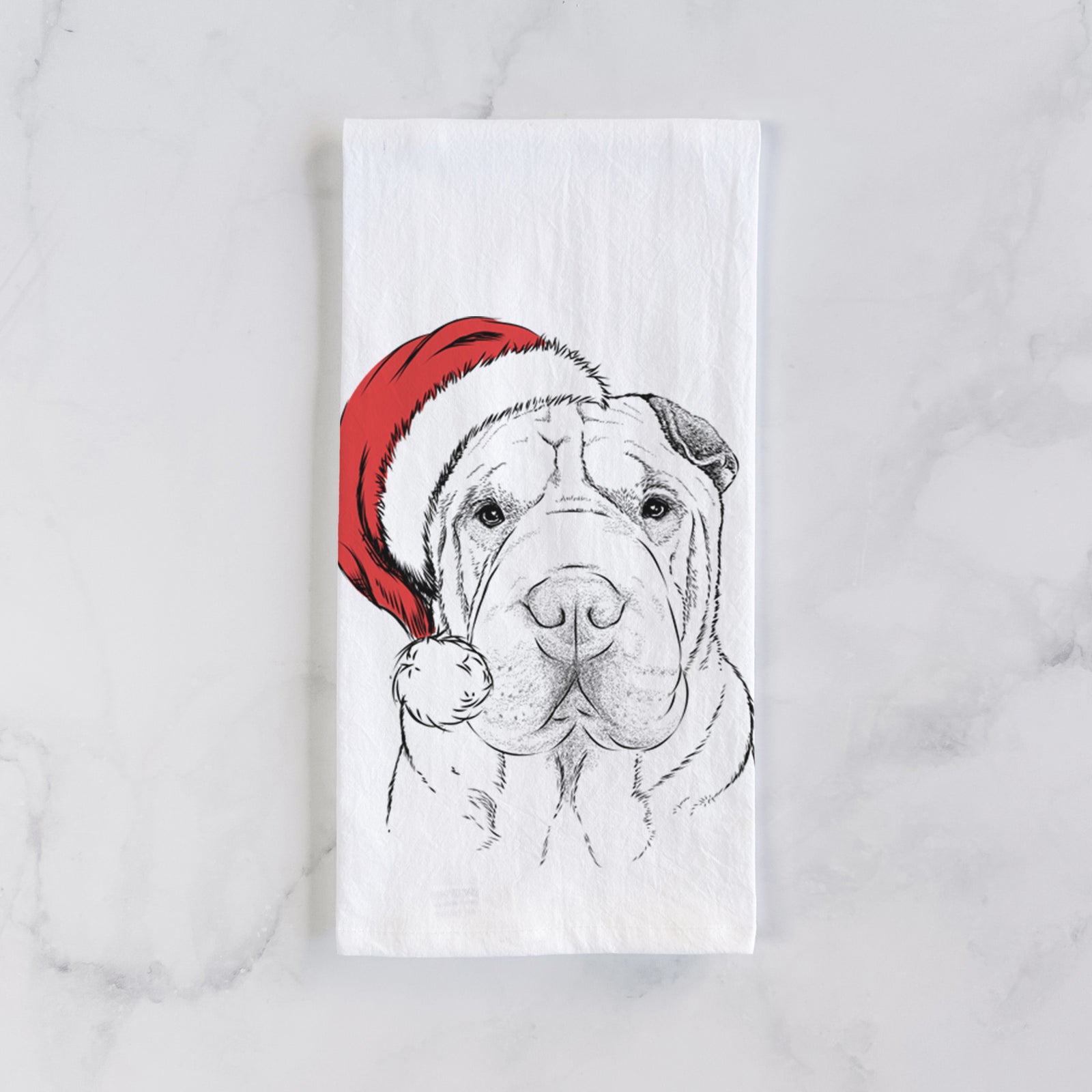 Hand-drawn sketch of Moomers the Shar Pei wearing a Santa hat on a tea towel
