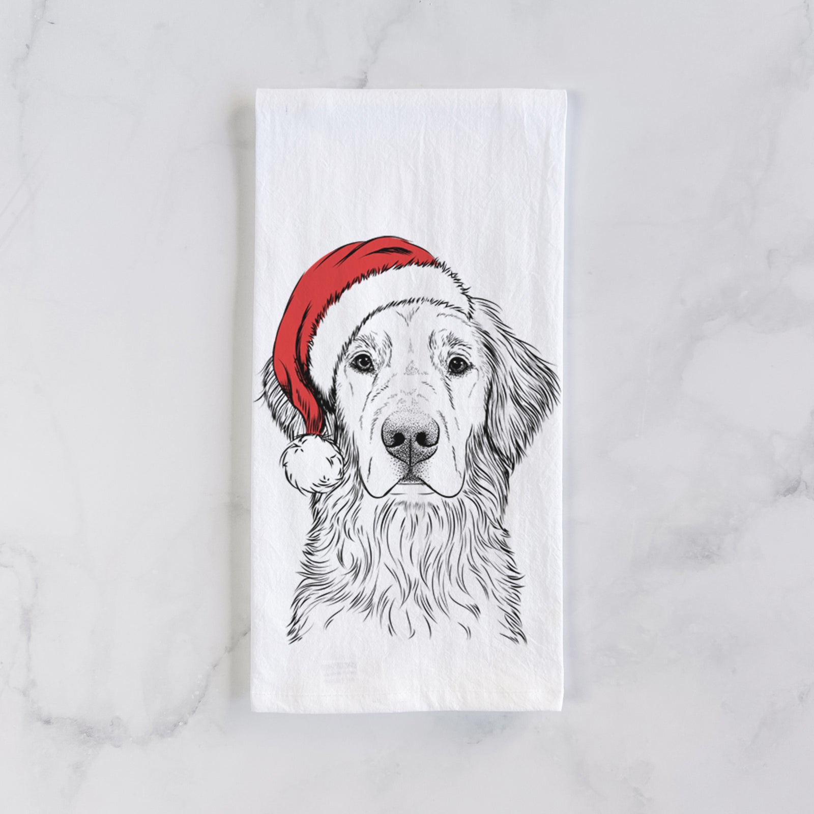 Hand-drawn sketch of Moose the Field Golden Retriever wearing a Santa hat on a tea towel