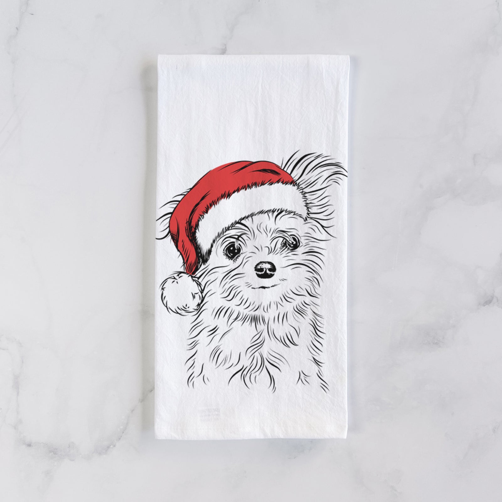 Hand-drawn sketch of Mr. Gucci Poochi the Maltese wearing a Santa hat on a tea towel