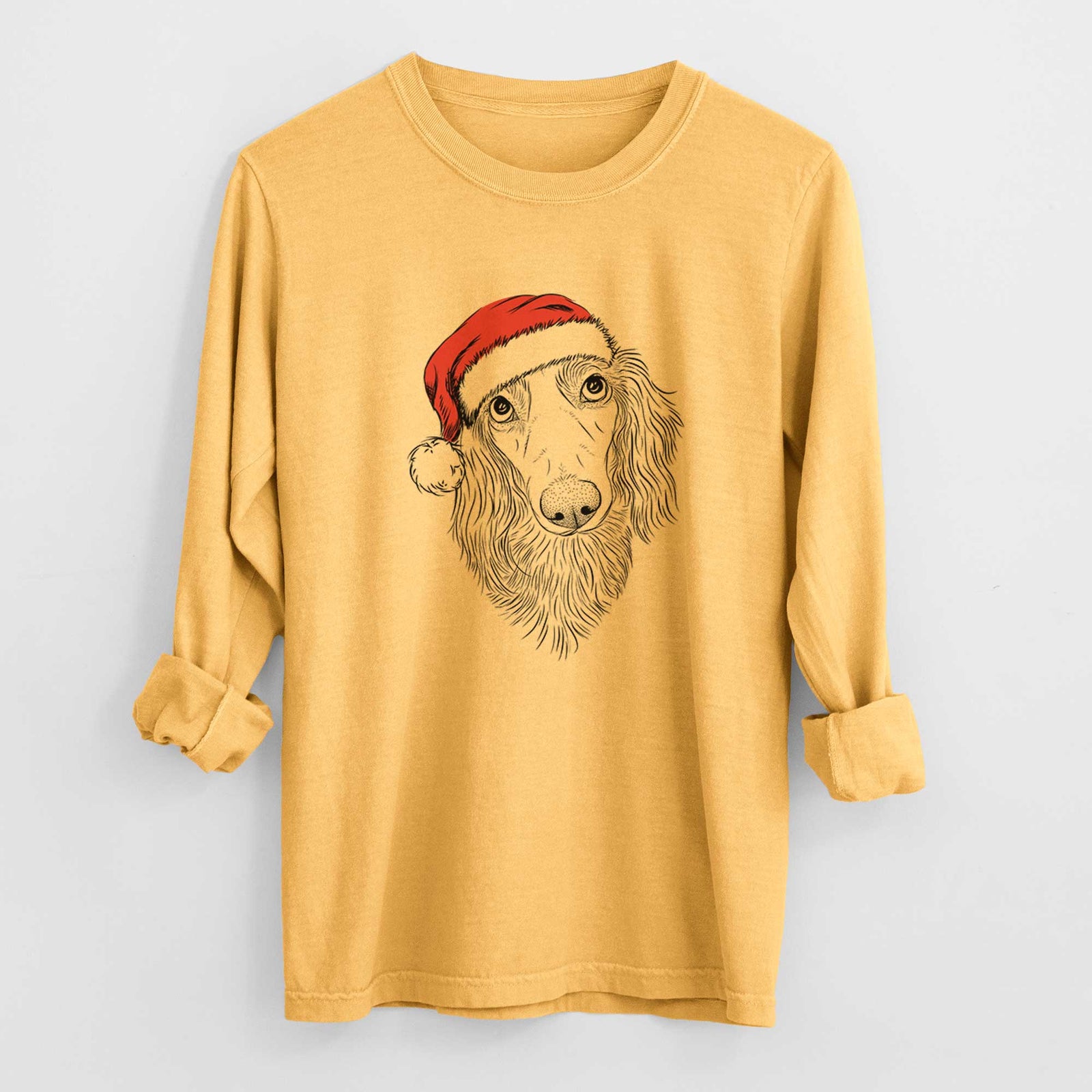 Santa Mr. Rusty the Long Haired Dachshund - Men's Heavyweight 100% Cotton Long Sleeve