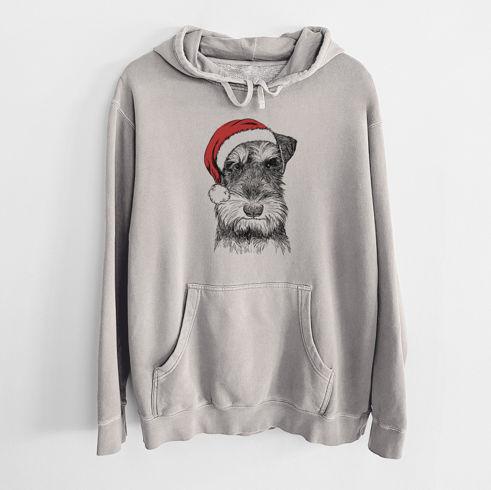 Hand-drawn sketch of Murphy the Mini Schnauzer wearing a Santa hat on a Cement Unisex pigment dyed hoodie