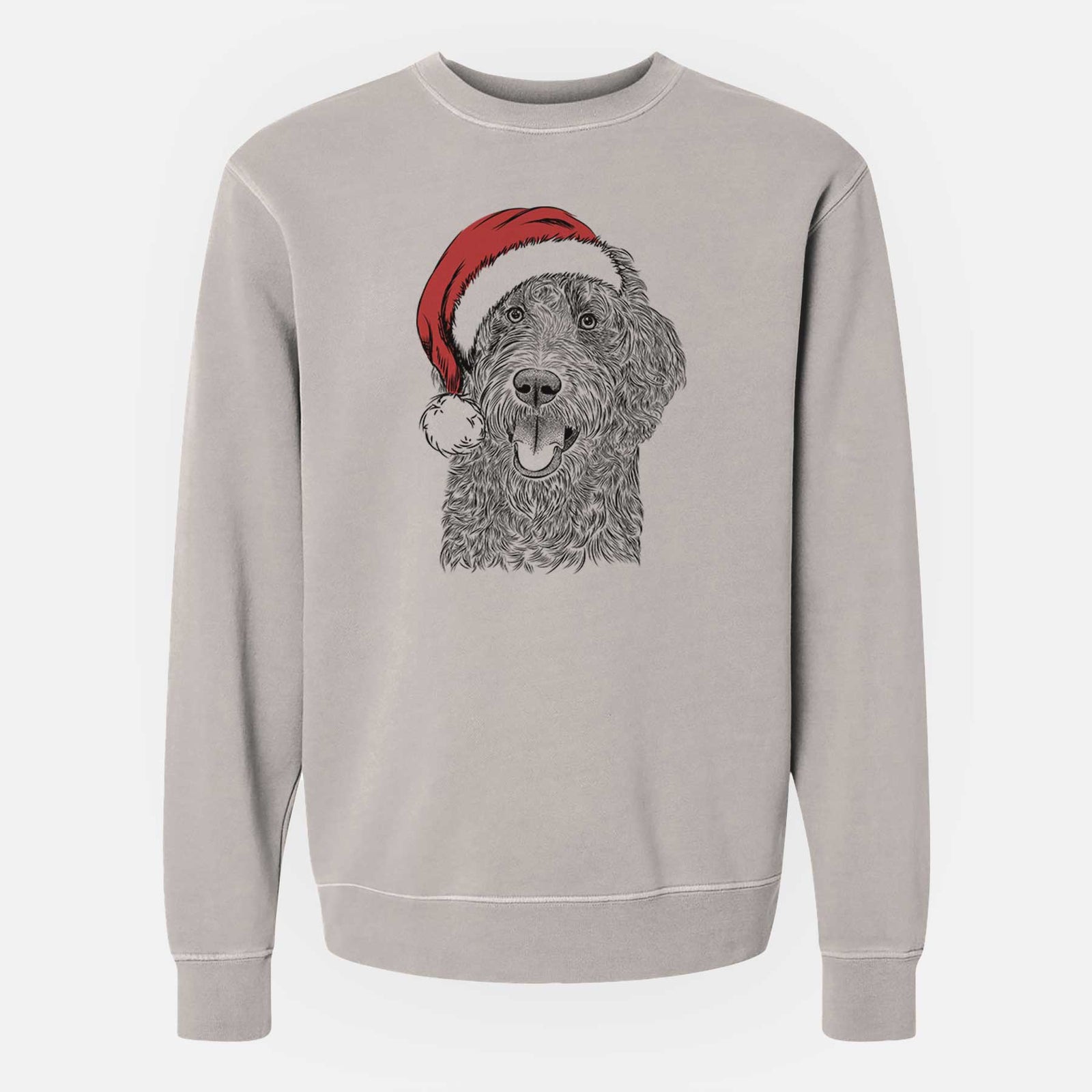 Hand-drawn sketch of Murr Dog the Labradoodle wearing a Santa hat on a Cement Unisex pigment dyed crew sweatshirt