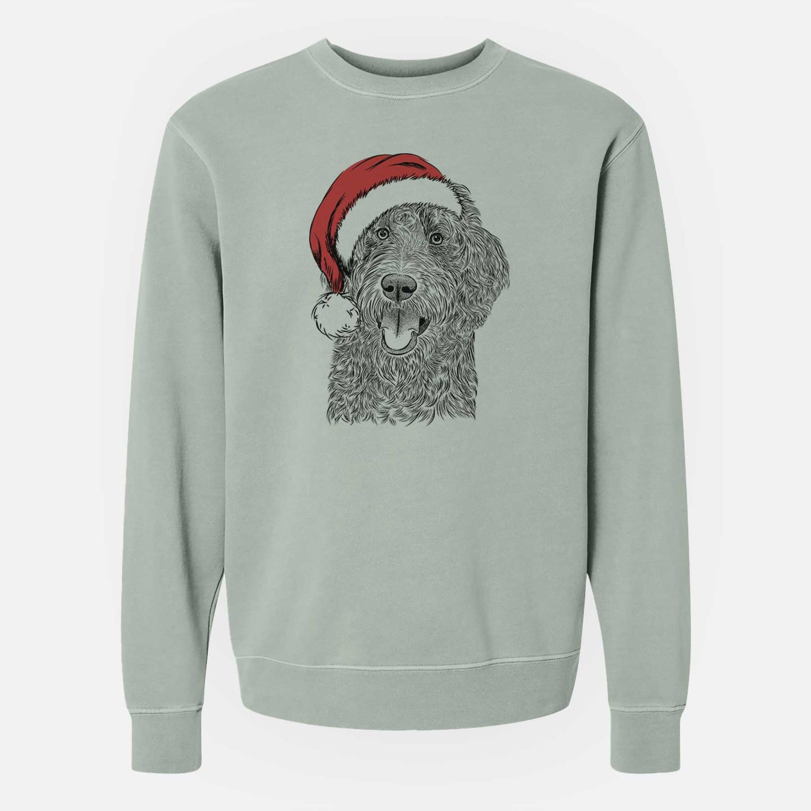 Hand-drawn sketch of Murr Dog the Labradoodle wearing a Santa hat on a Sage Unisex pigment dyed crew sweatshirt