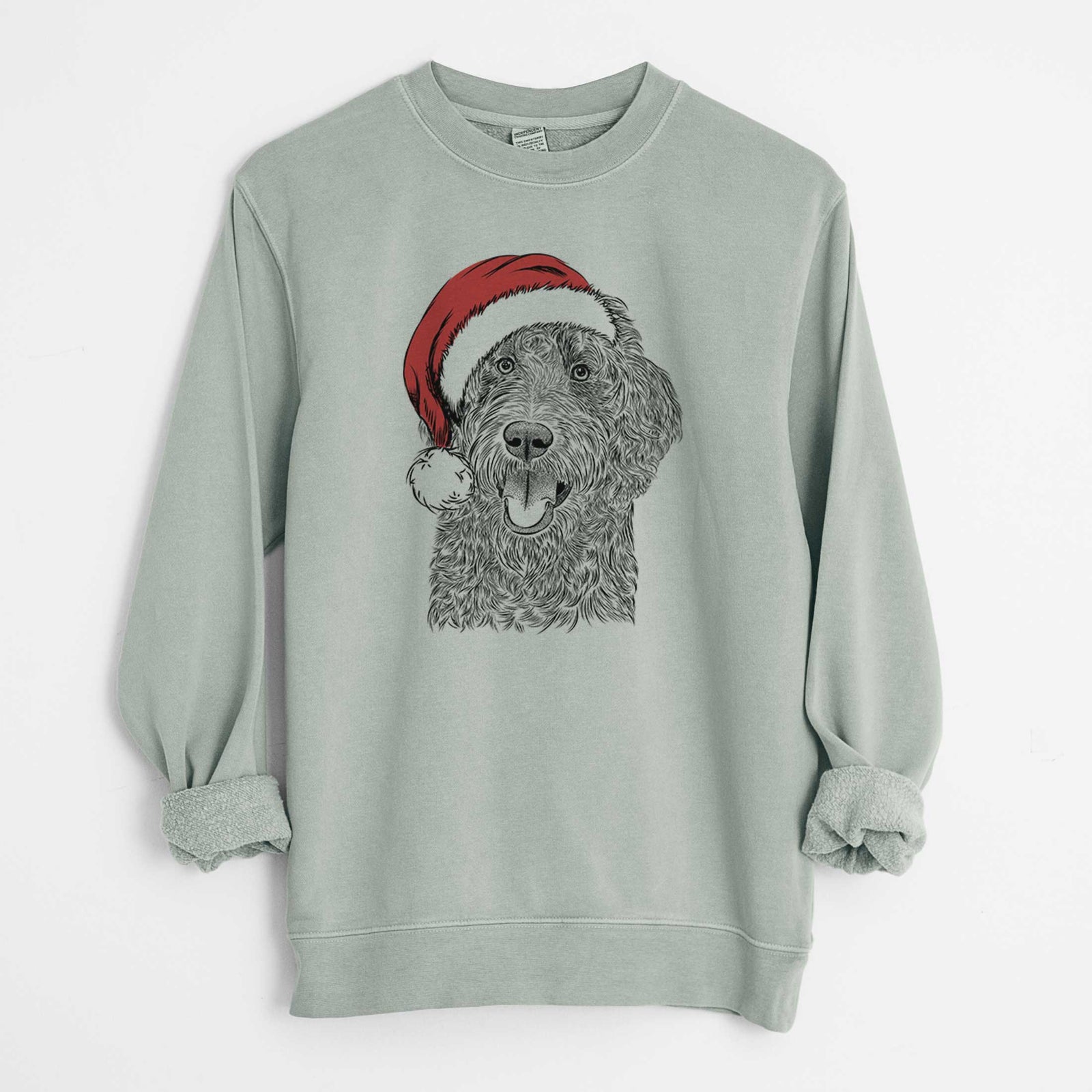 Hand-drawn sketch of Murr Dog the Labradoodle wearing a Santa hat on a Sage Unisex pigment dyed crew sweatshirt