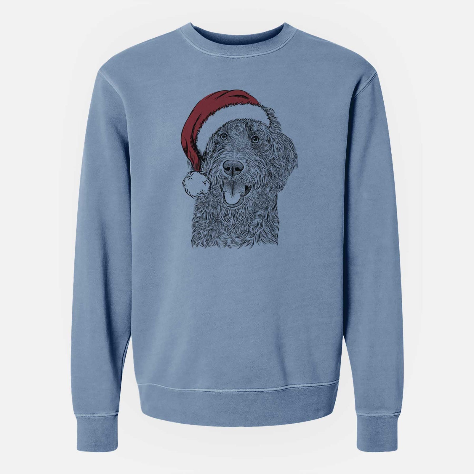 Hand-drawn sketch of Murr Dog the Labradoodle wearing a Santa hat on a Slate Blue Unisex pigment dyed crew sweatshirt
