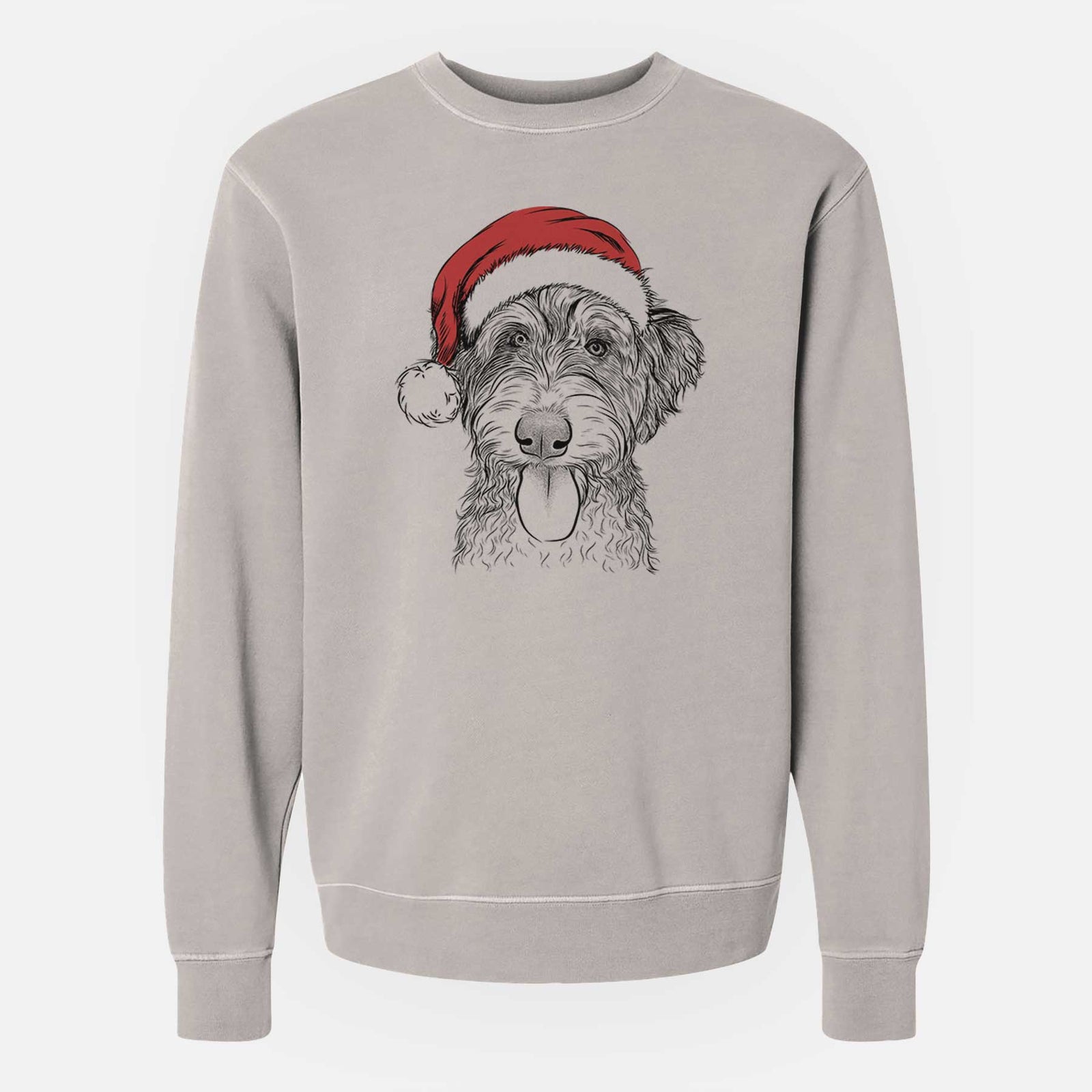 Hand-drawn sketch of Myrtle Mae the Aussiedoodle wearing a Santa hat on a Cement Unisex pigment dyed crew sweatshirt