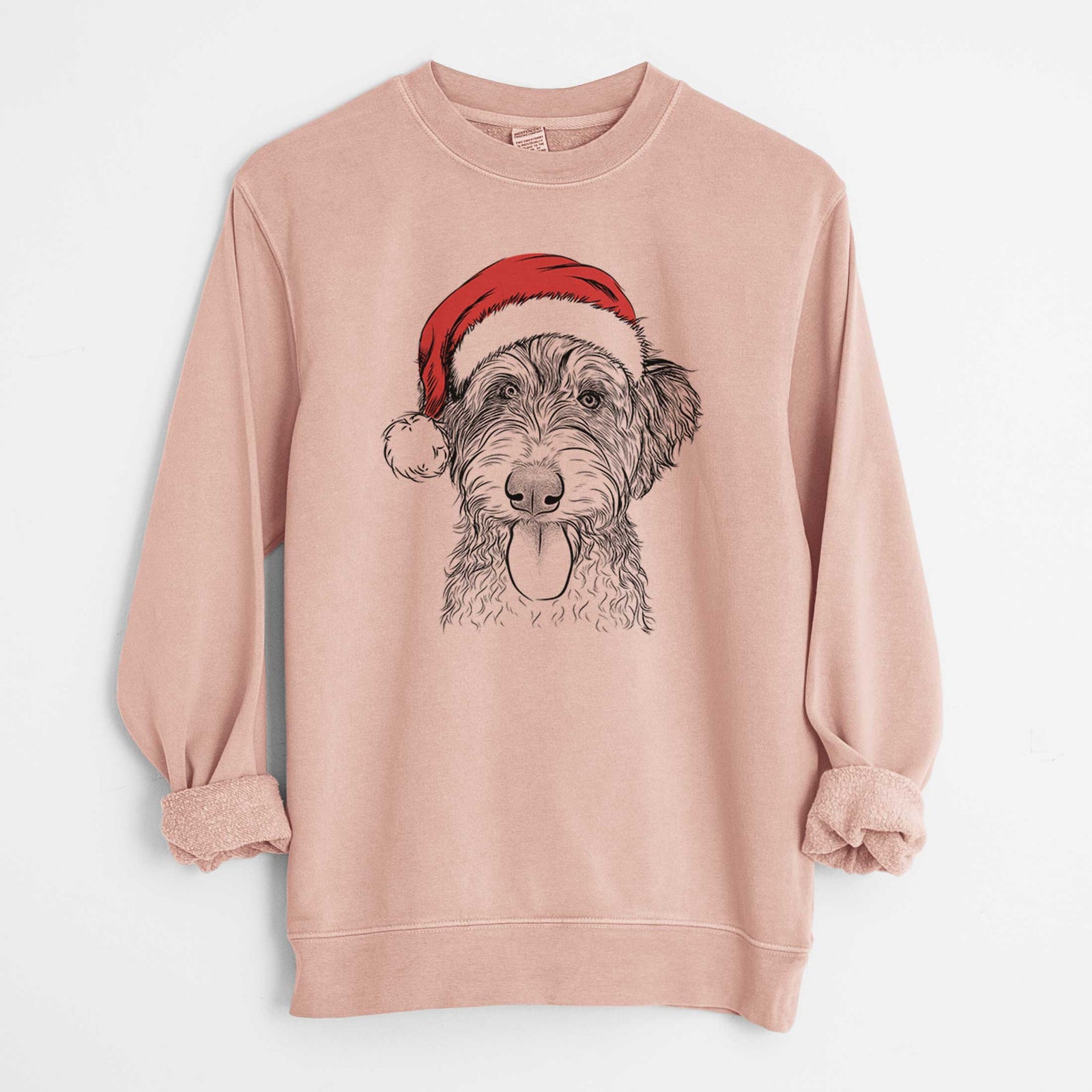 Hand-drawn sketch of Myrtle Mae the Aussiedoodle wearing a Santa hat on a Dusty Pink Unisex pigment dyed crew sweatshirt