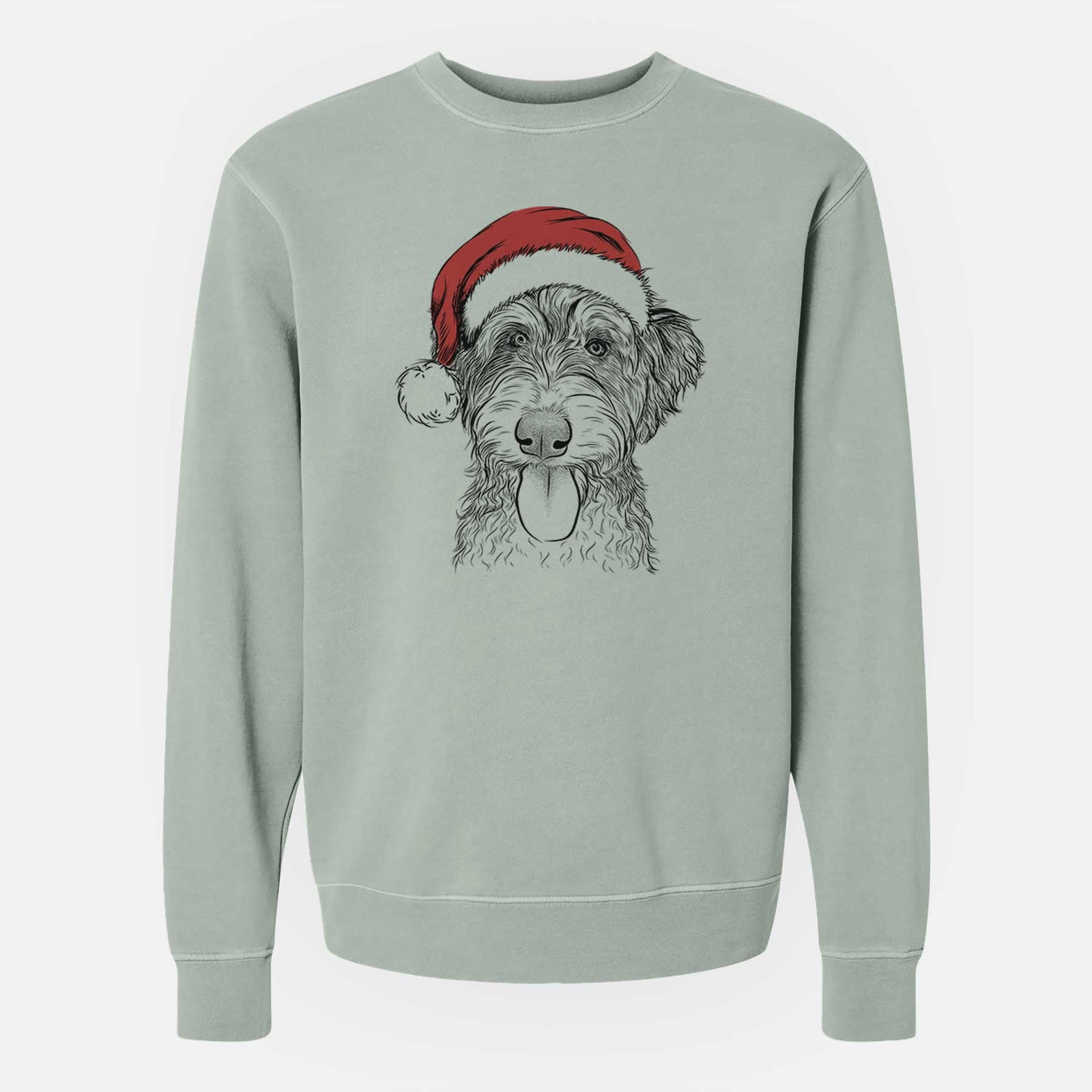Hand-drawn sketch of Myrtle Mae the Aussiedoodle wearing a Santa hat on a Sage Unisex pigment dyed crew sweatshirt