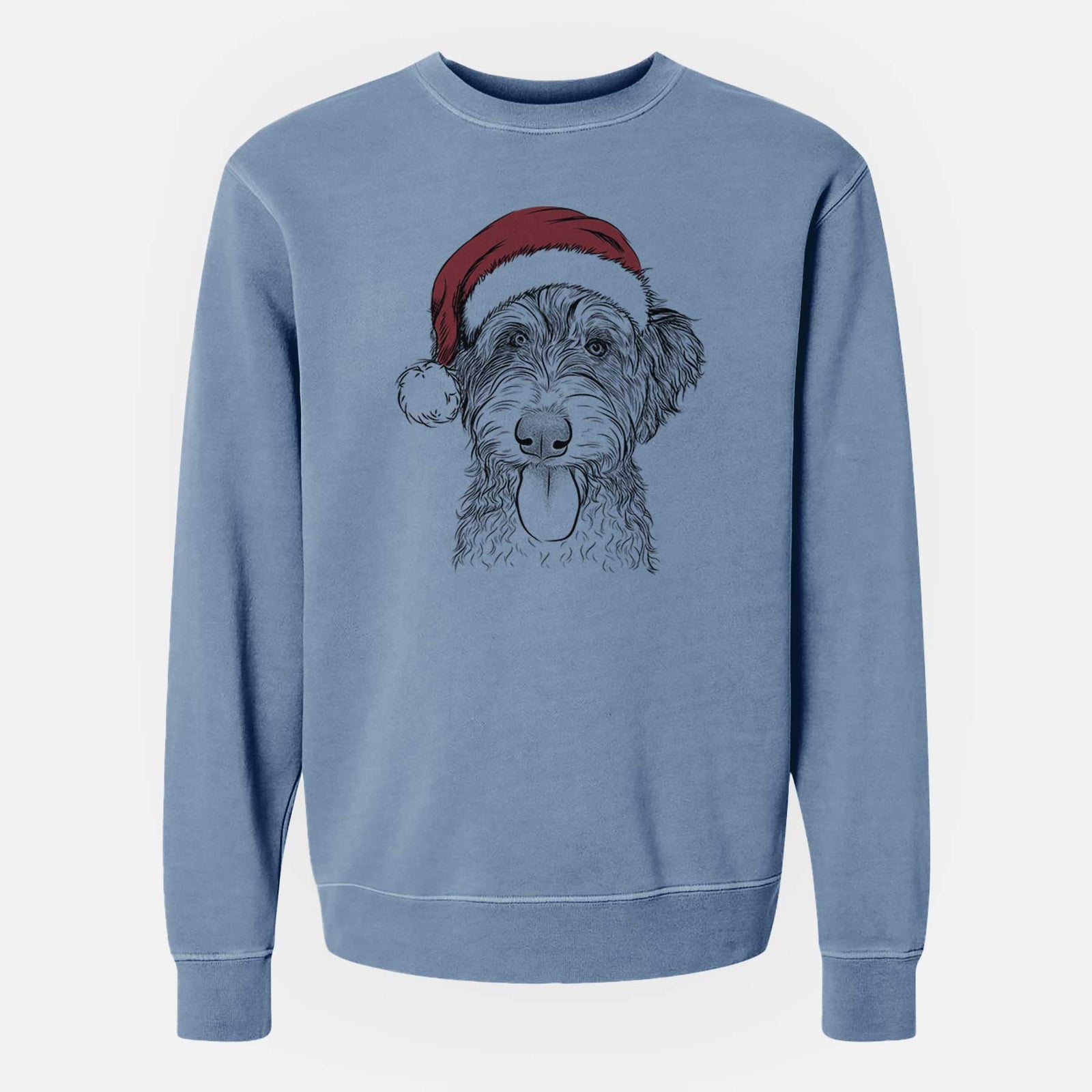 Hand-drawn sketch of Myrtle Mae the Aussiedoodle wearing a Santa hat on a Slate Blue Unisex pigment dyed crew sweatshirt