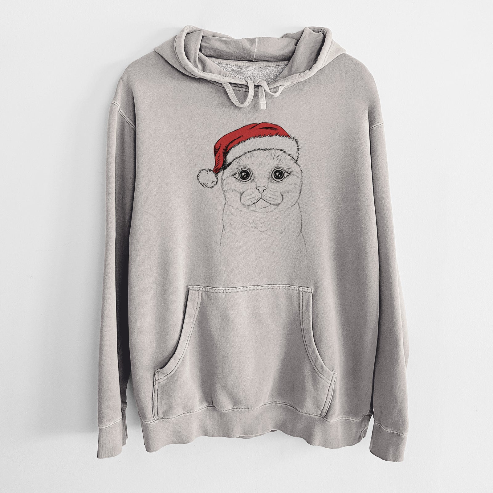 Hand-drawn sketch of Neko the Scottish Fold Cat wearing a Santa hat on a Cement Unisex pigment dyed hoodie