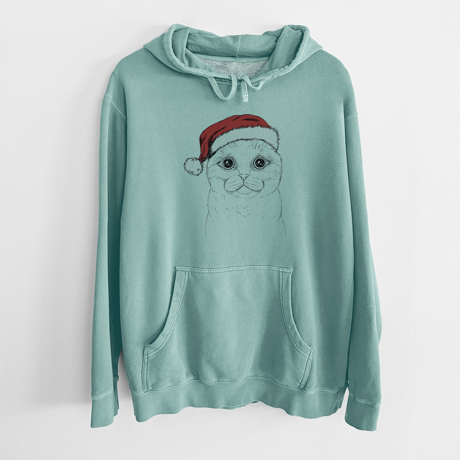 Hand-drawn sketch of Neko the Scottish Fold Cat wearing a Santa hat on a Mint Unisex pigment dyed hoodie