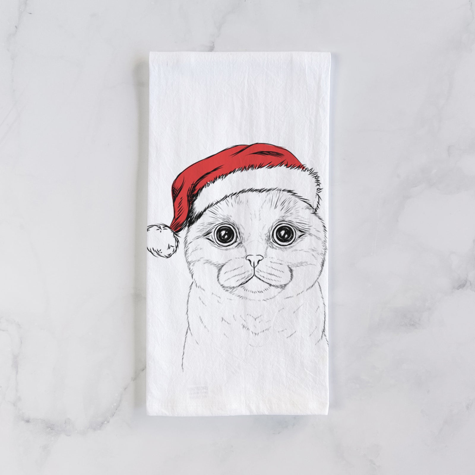 Hand-drawn sketch of Neko the Scottish Fold Cat wearing a Santa hat on a tea towel