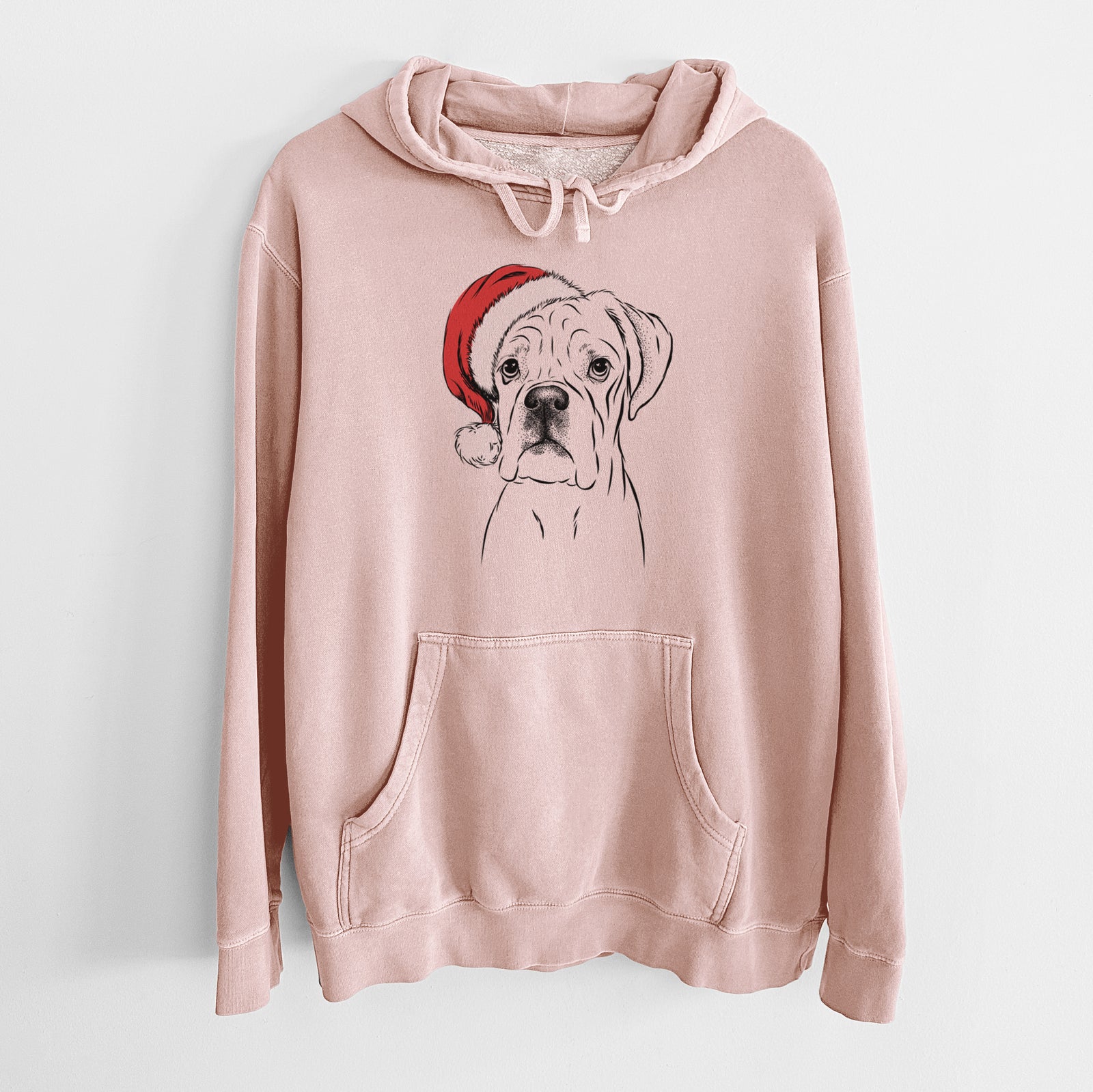 Hand-drawn sketch of Nelly the Boxer wearing a Santa hat on a Dusty Pink Unisex pigment dyed hoodie