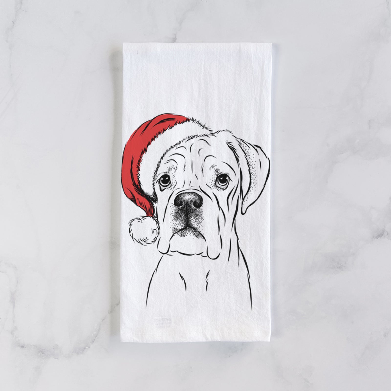Hand-drawn sketch of Nelly the Boxer wearing a Santa hat on a tea towel