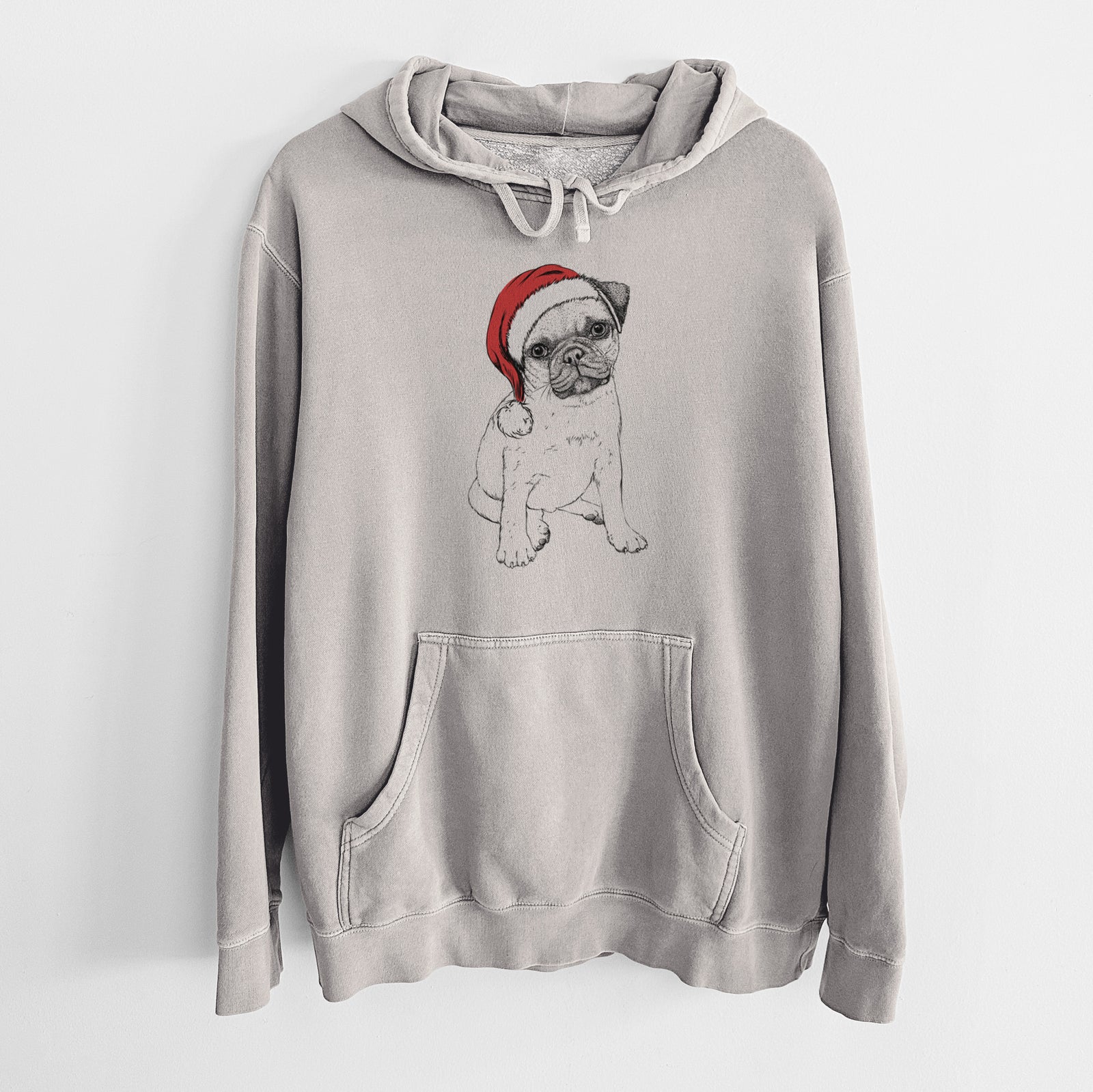 Hand-drawn sketch of Nelson the Pug Puppy wearing a Santa hat on a Cement Unisex pigment dyed hoodie