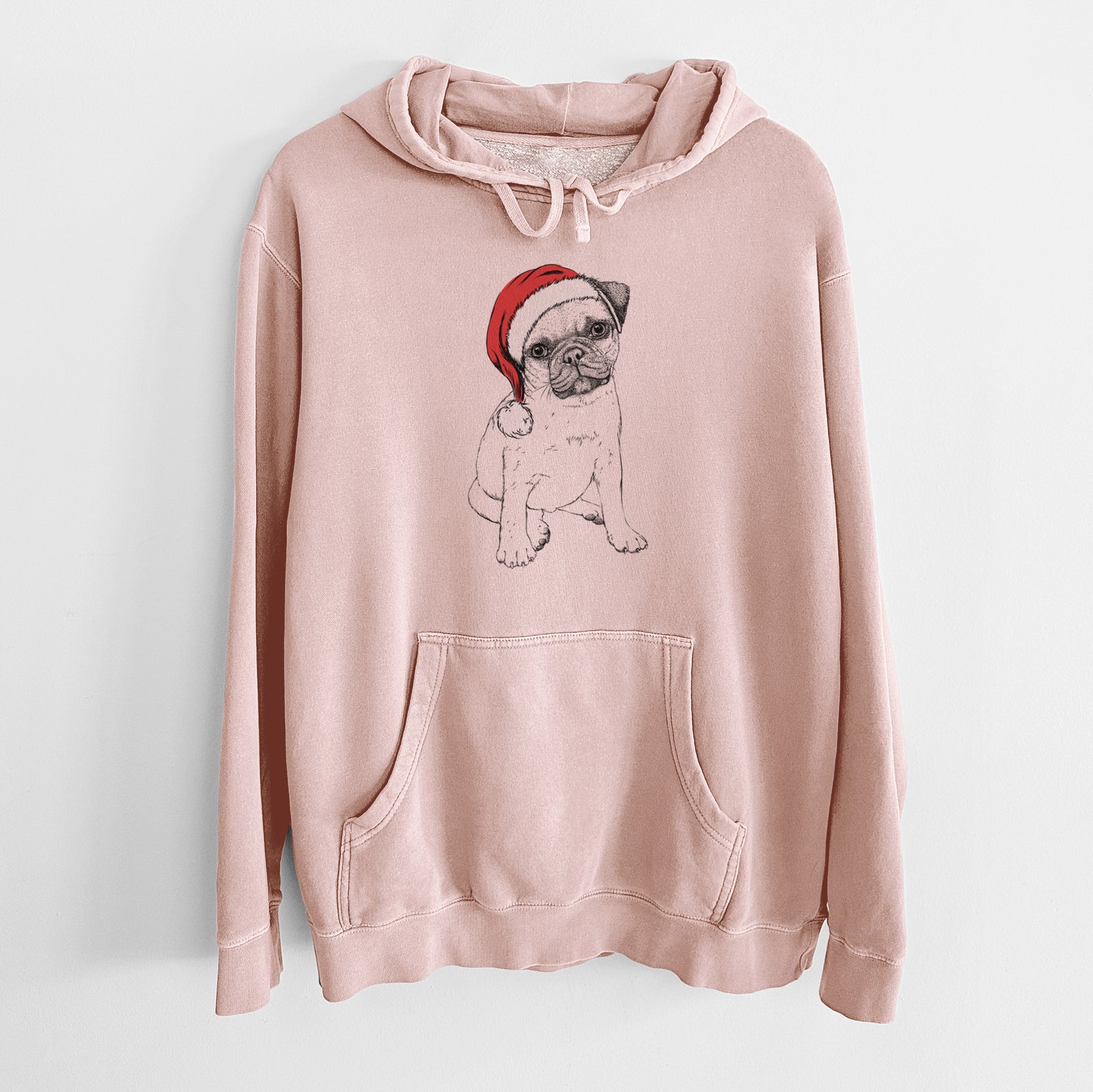 Hand-drawn sketch of Nelson the Pug Puppy wearing a Santa hat on a Dusty Pink Unisex pigment dyed hoodie