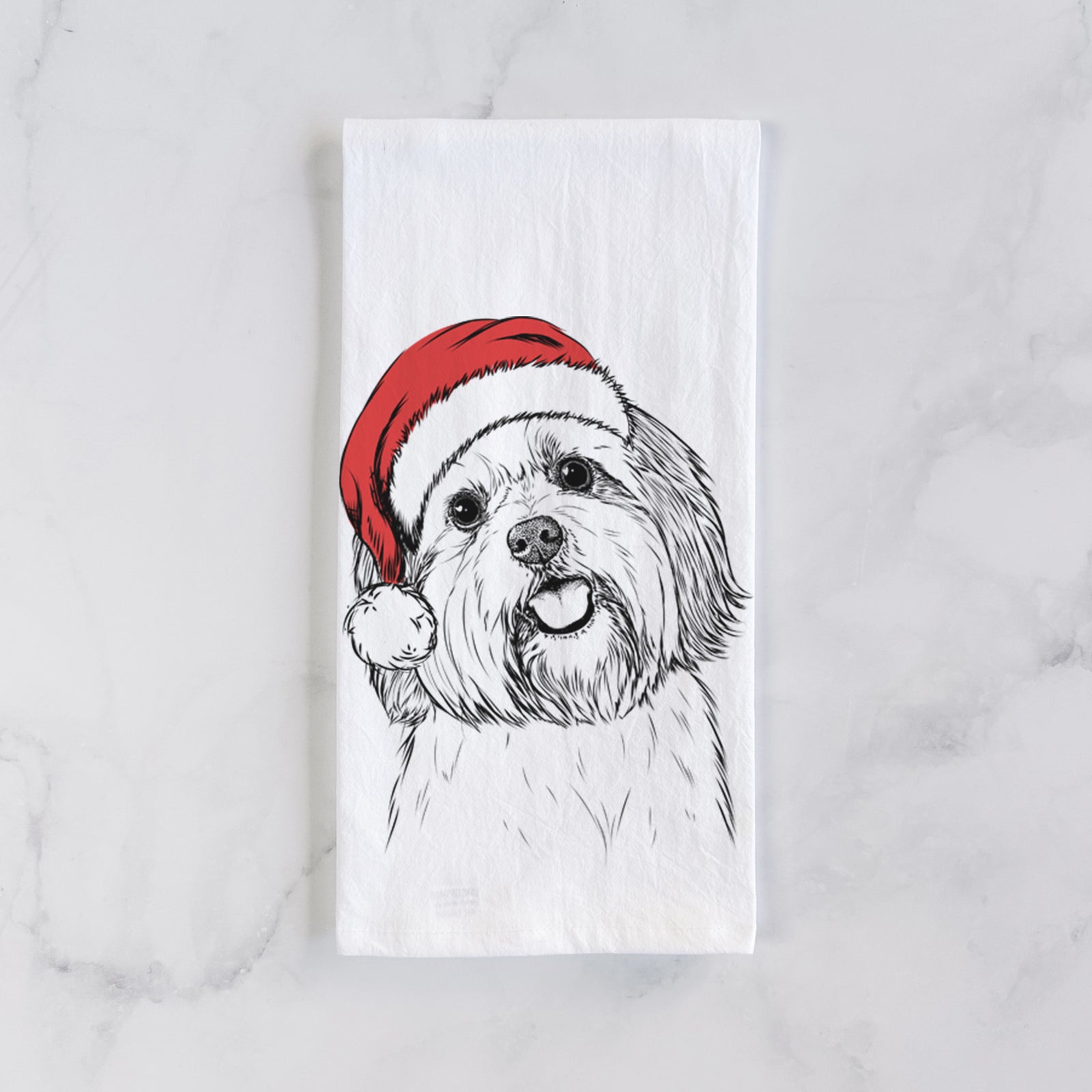 Hand-drawn sketch of Nikka the Lowchen wearing a Santa hat on a tea towel