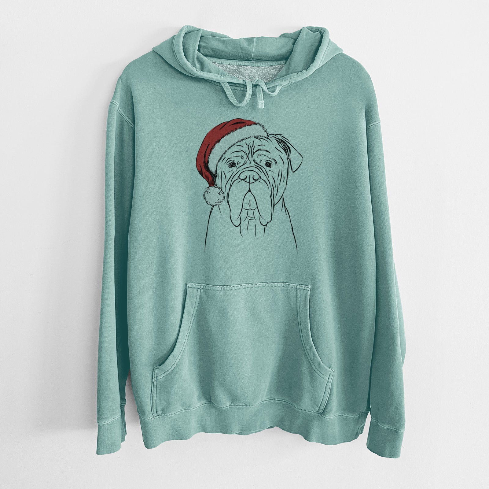 Hand-drawn sketch of Nolan the Bull Mastiff wearing a Santa hat on a Mint Unisex pigment dyed hoodie