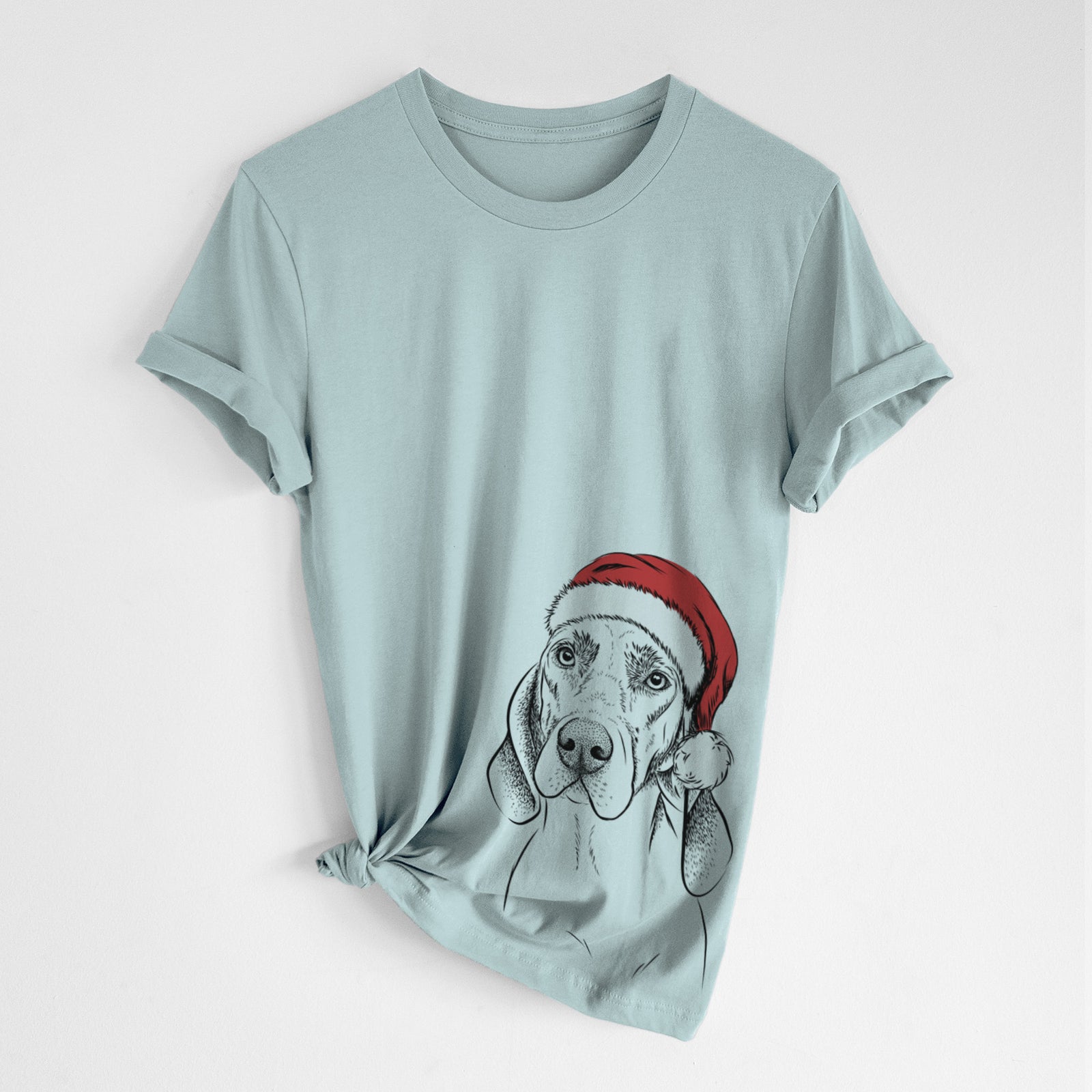 Hand-drawn sketch of Norman the Plott Hound wearing a Santa hat on a Dusty Blue Unisex crewneck, worn by a woman