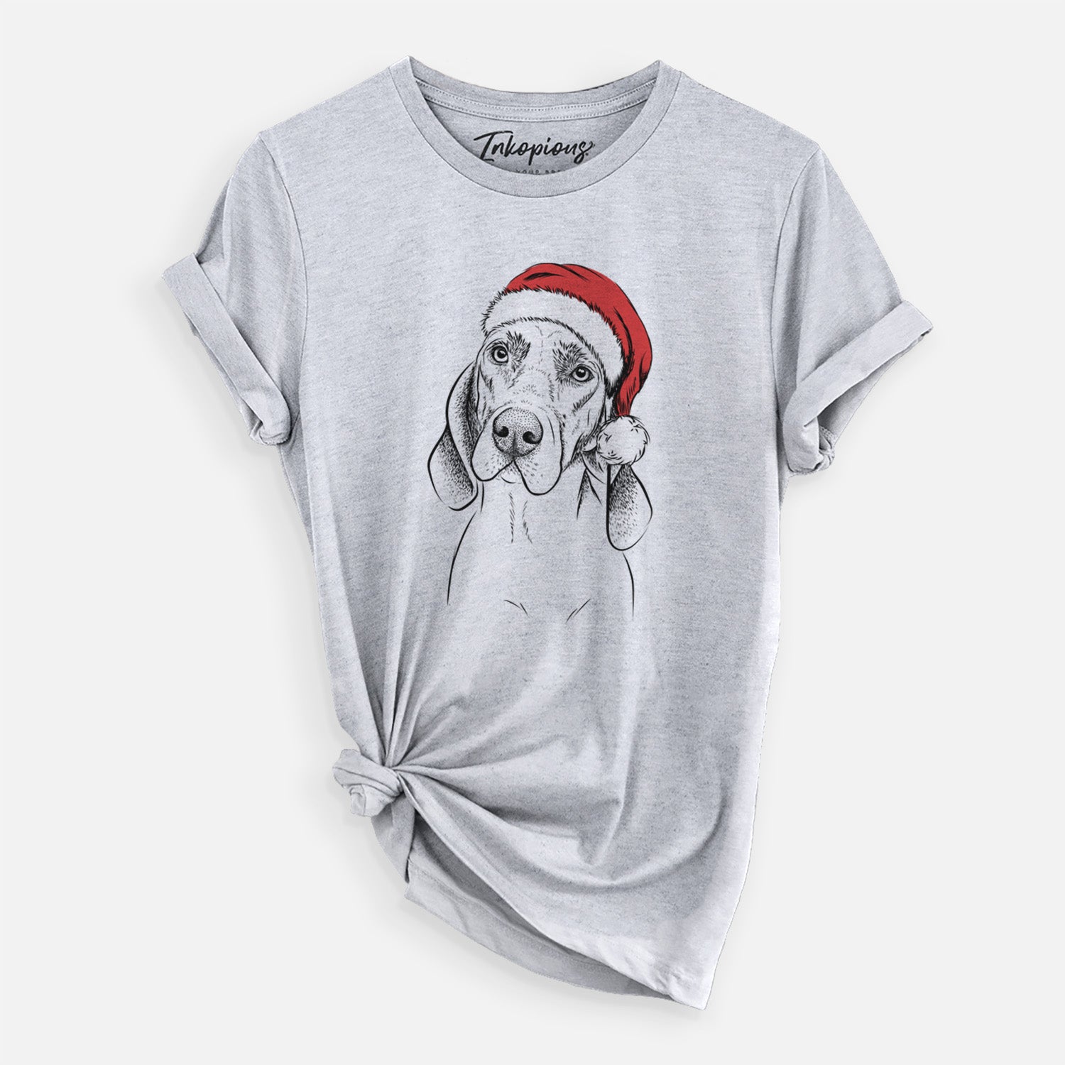 Hand-drawn sketch of Norman the Plott Hound wearing a Santa hat on a Grey Unisex crewneck, worn by a woman
