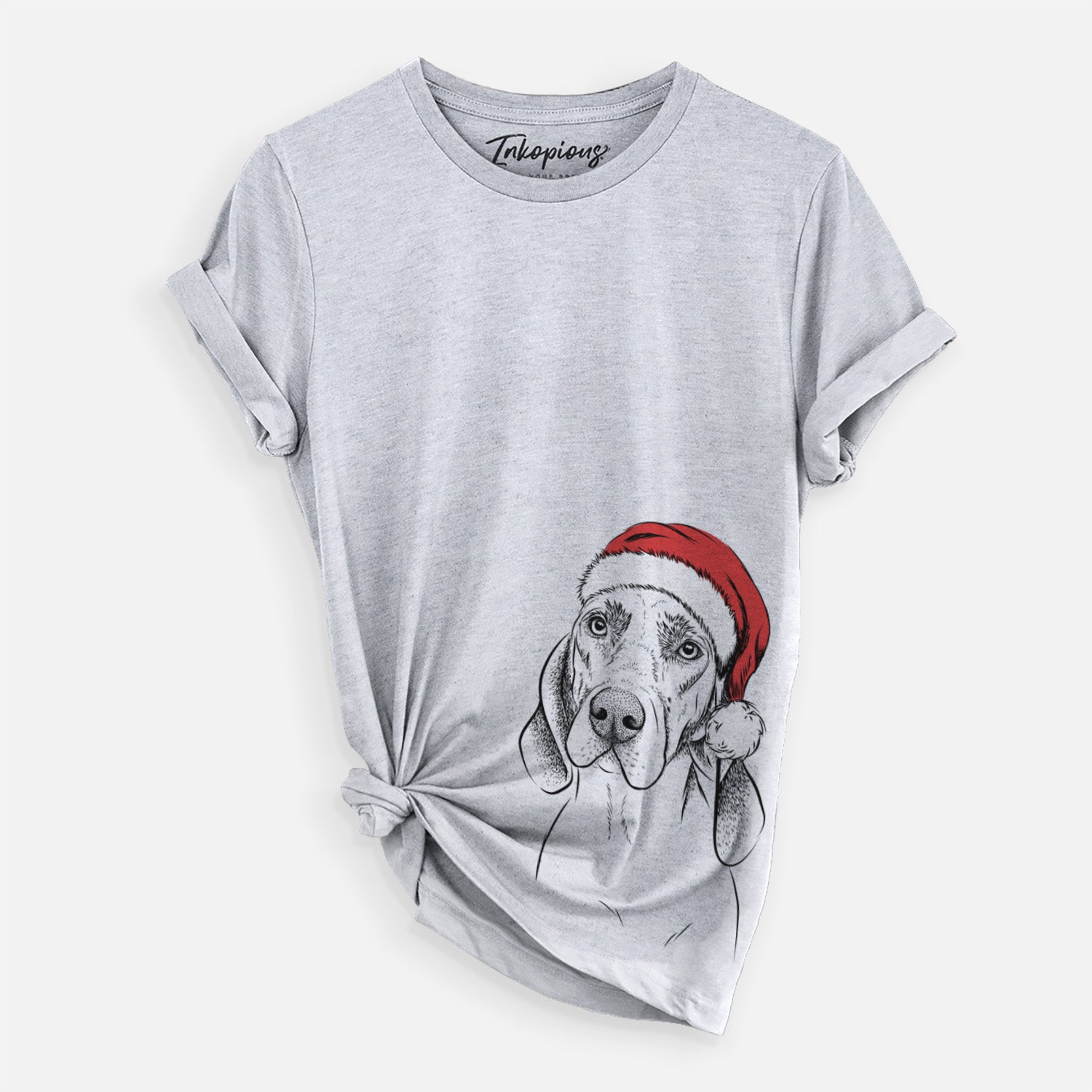 Hand-drawn sketch of Norman the Plott Hound wearing a Santa hat on a Grey Unisex crewneck, worn by a woman