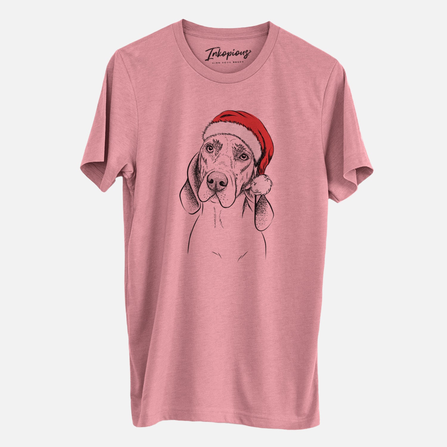 Hand-drawn sketch of Norman the Plott Hound wearing a Santa hat on a Mauve Unisex crewneck, worn by a man