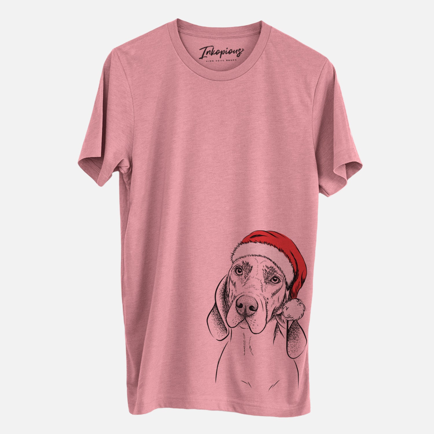 Hand-drawn sketch of Norman the Plott Hound wearing a Santa hat on a Mauve Unisex crewneck, worn by a man