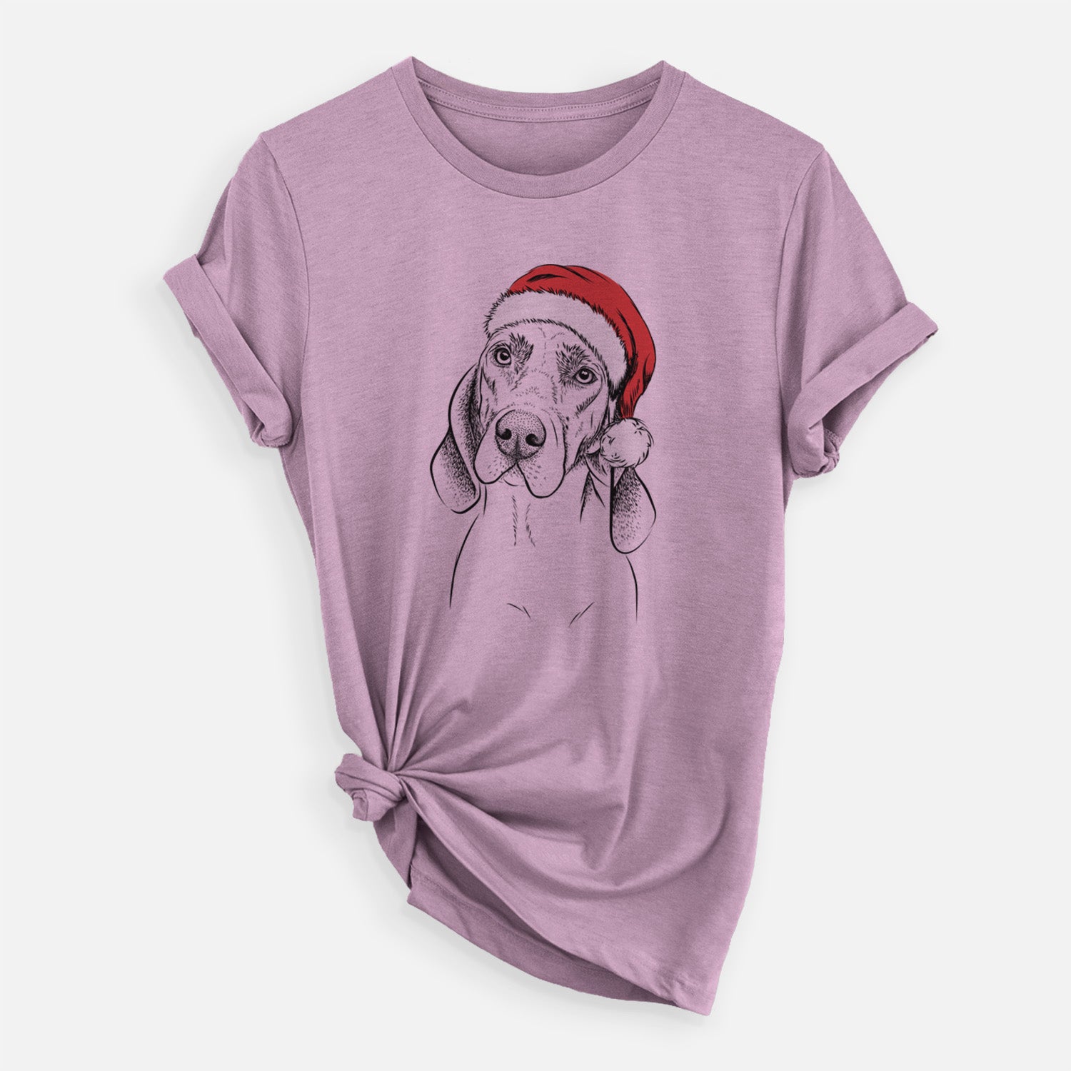 Hand-drawn sketch of Norman the Plott Hound wearing a Santa hat on an Orchid Unisex crewneck, worn by a woman