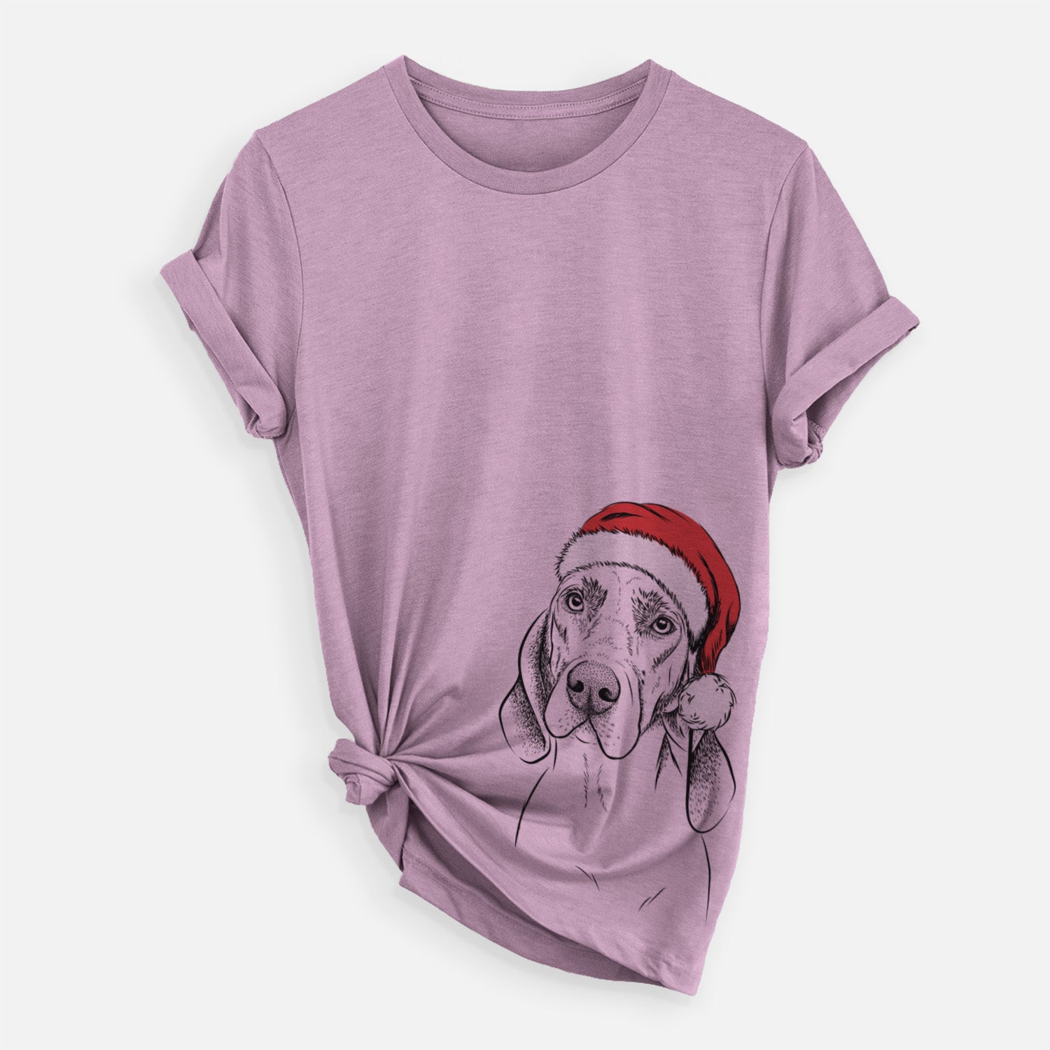 Hand-drawn sketch of Norman the Plott Hound wearing a Santa hat on an Orchid Unisex crewneck, worn by a woman