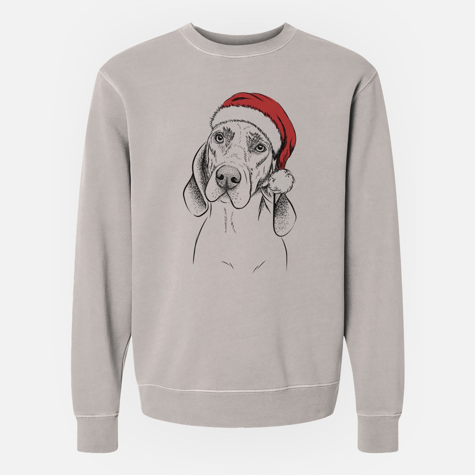 Hand-drawn sketch of Norman the Plott Hound wearing a Santa hat on a Cement Unisex pigment dyed crew sweatshirt