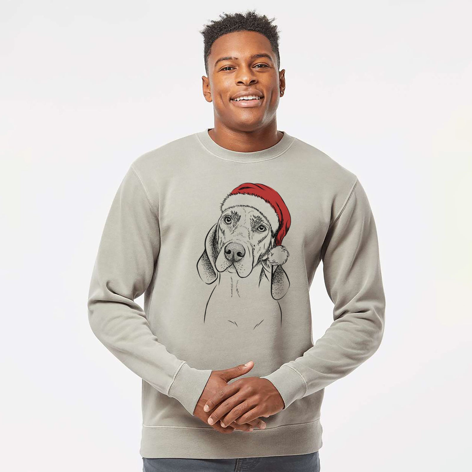 Hand-drawn sketch of Norman the Plott Hound wearing a Santa hat on a Cement Unisex pigment dyed crew sweatshirt