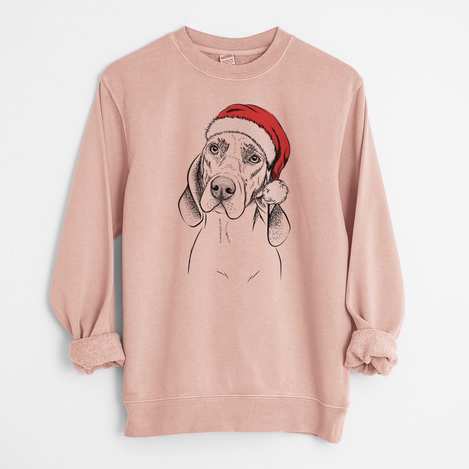 Hand-drawn sketch of Norman the Plott Hound wearing a Santa hat on a Dusty Pink Unisex pigment dyed crew sweatshirt
