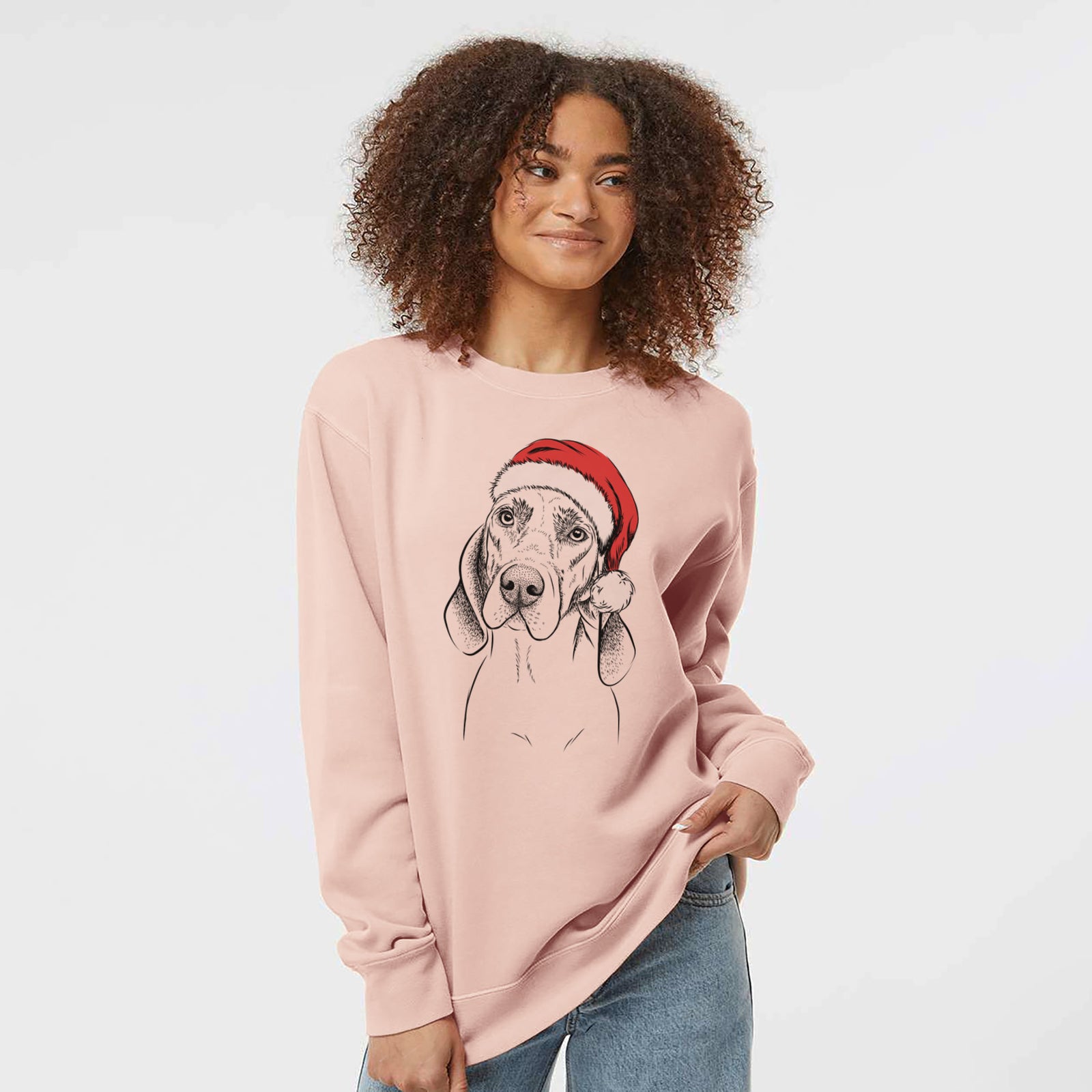 Hand-drawn sketch of Norman the Plott Hound wearing a Santa hat on a Dusty Pink Unisex pigment dyed crew sweatshirt